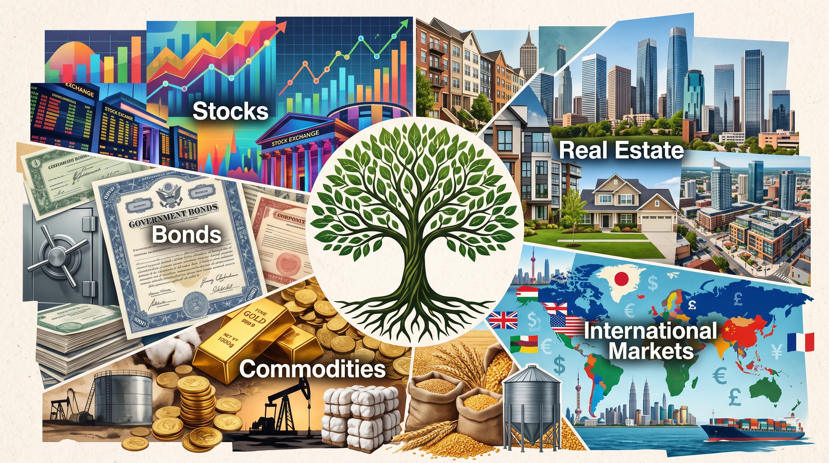 A collage of different financial assets: stocks, bonds, real estate, and commodities depicted on a graph with arrows showing various directions