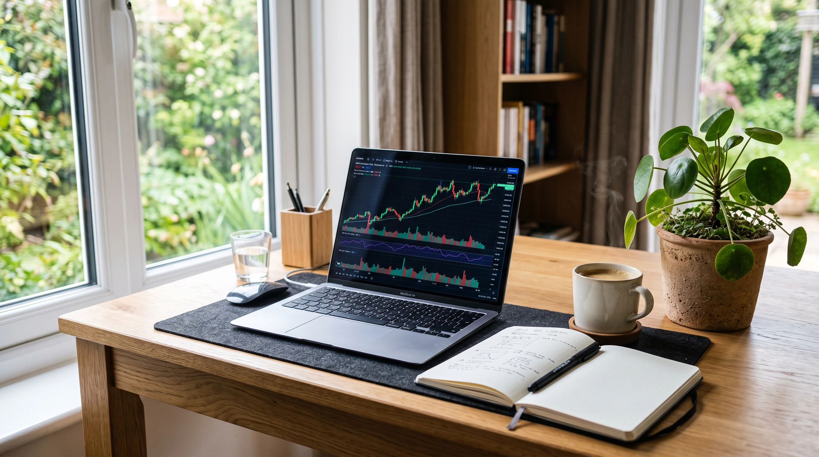 Brightly-lit workspace with laptop, financial charts, and a coffee mug suggesting planning and organization for opening an investment account.