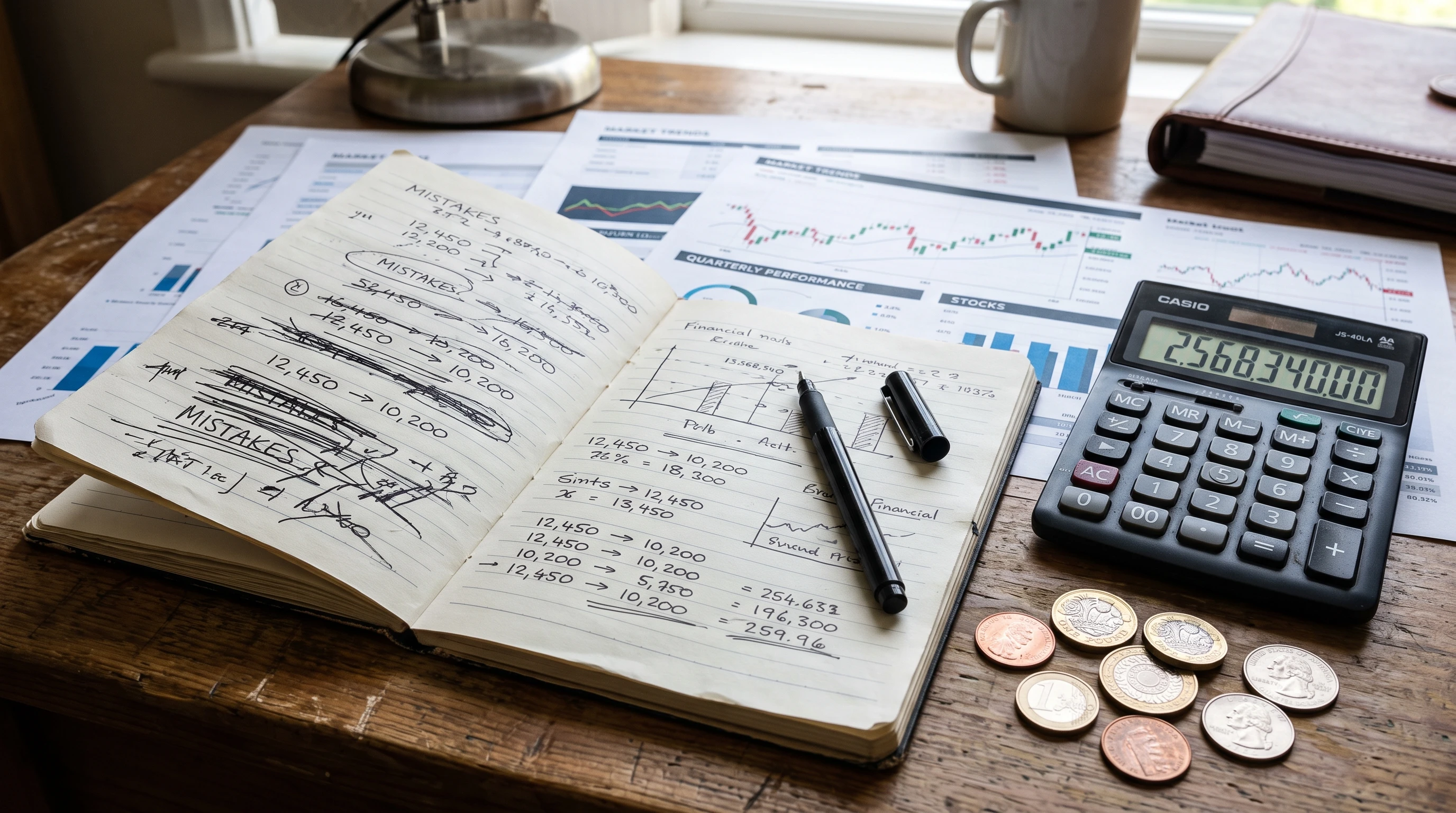 Stock market chart, calculator, and scattered coins. A notepad with mistakes crossed out sits beside them.