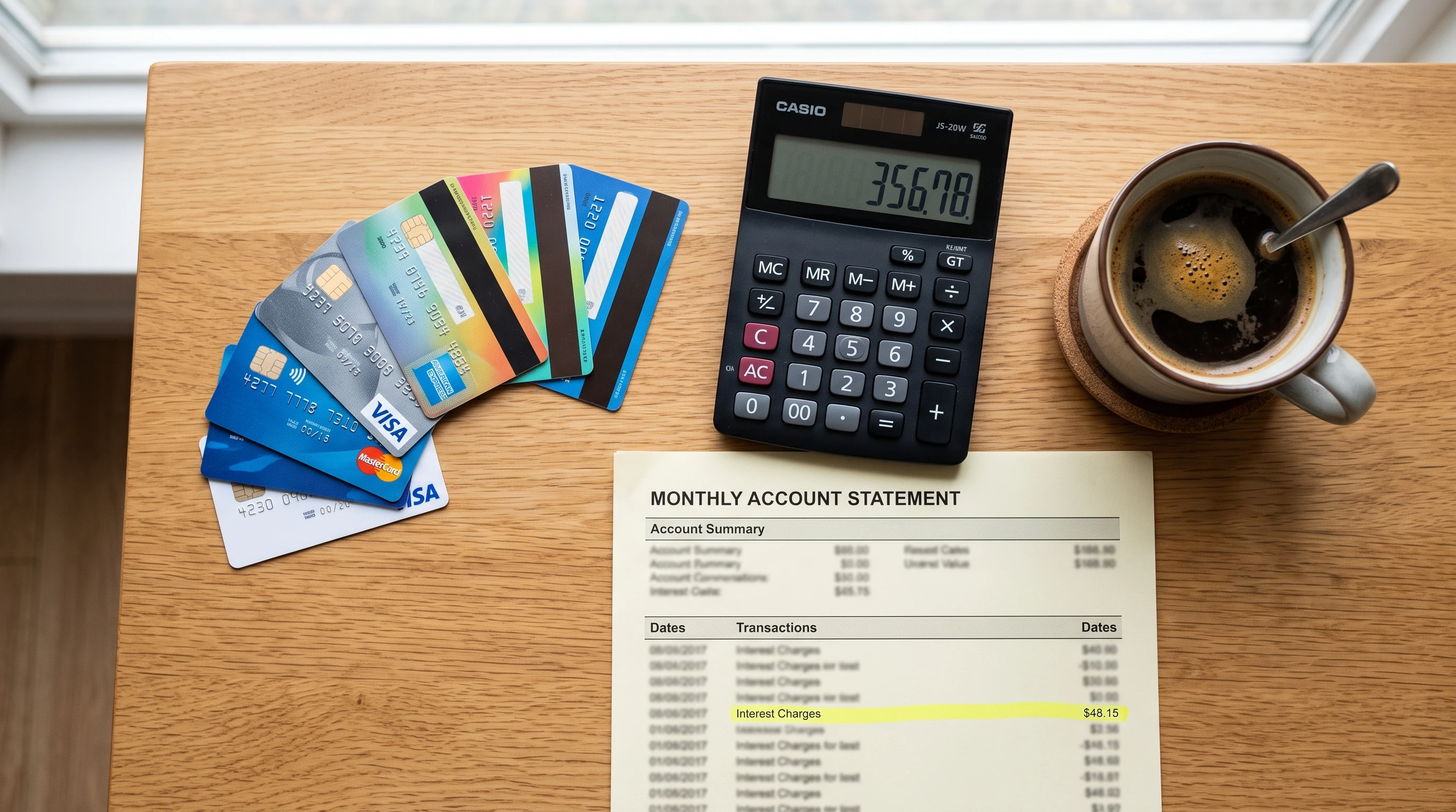 Credit card statement with highlighted interest charges, calculator, and pen placed on a clean desk. A pile of credit cards is off to the side. No people or text visible.