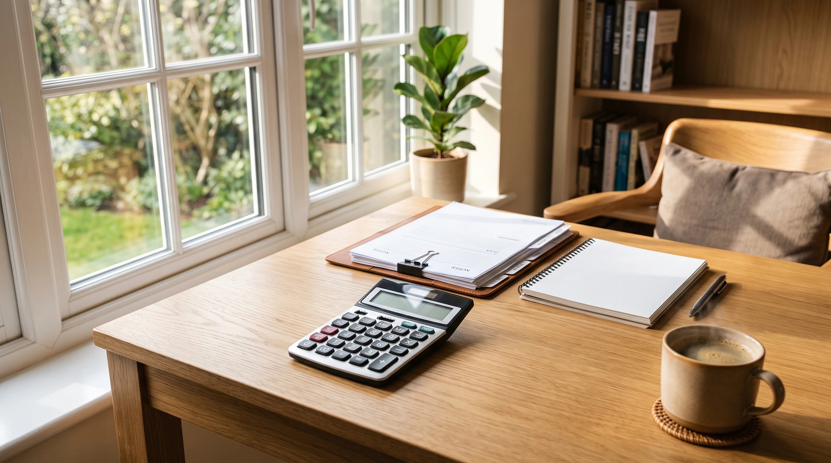 A calm desk setup with a calculator, paperwork, notepad, and a cup of coffee. Bright window lighting shows a tidy environment for financial planning.