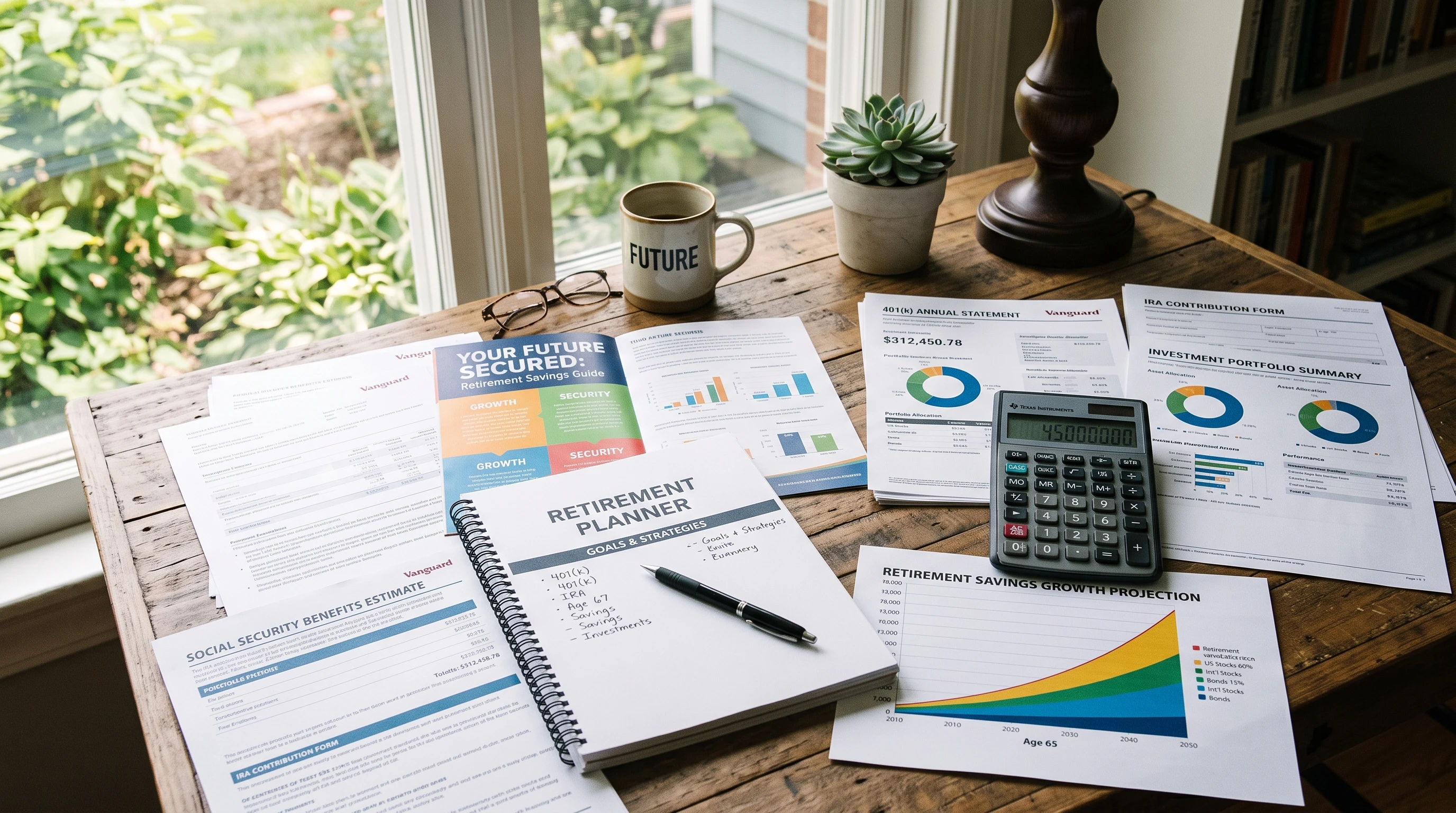 Illustration of financial planning documents, charts, and calculators on a desk.