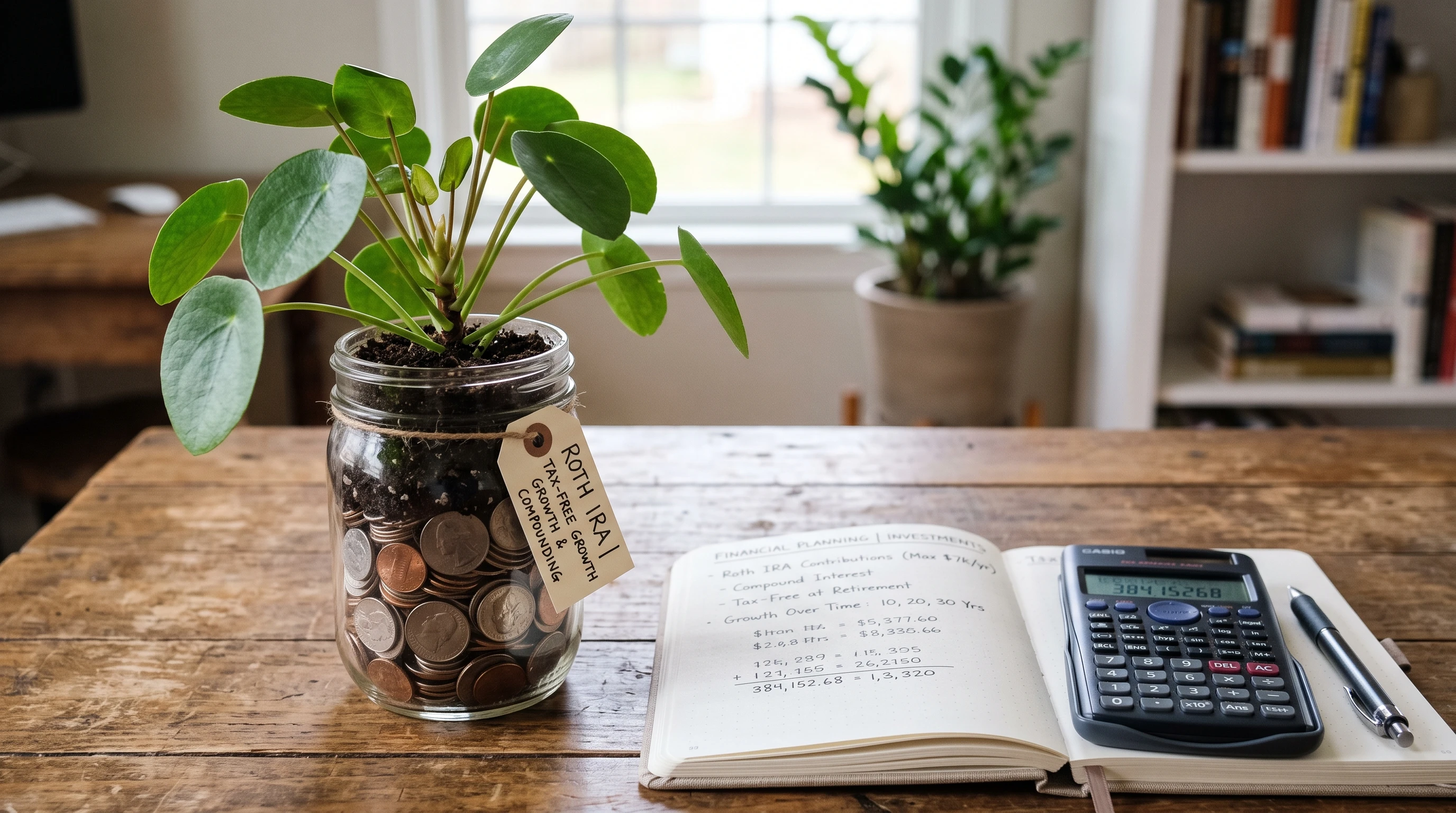 A growing stack of coins and a plant representing Roth IRA growth