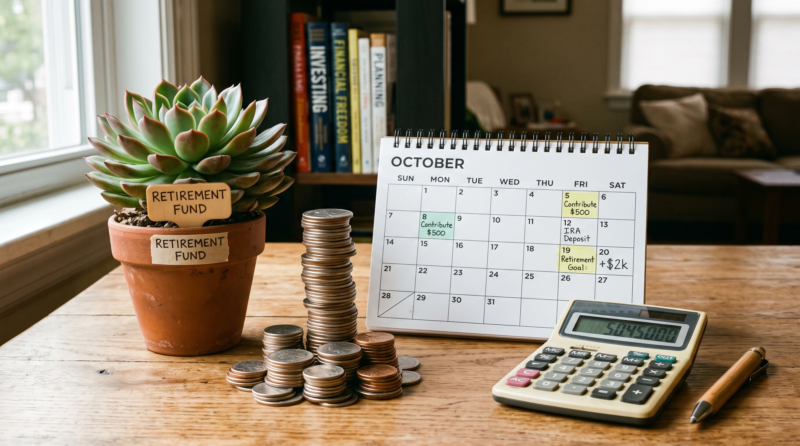 A growing stack of coins and a plant symbolizing increasing savings toward retirement, placed beside a calendar and calculator on a wooden table.