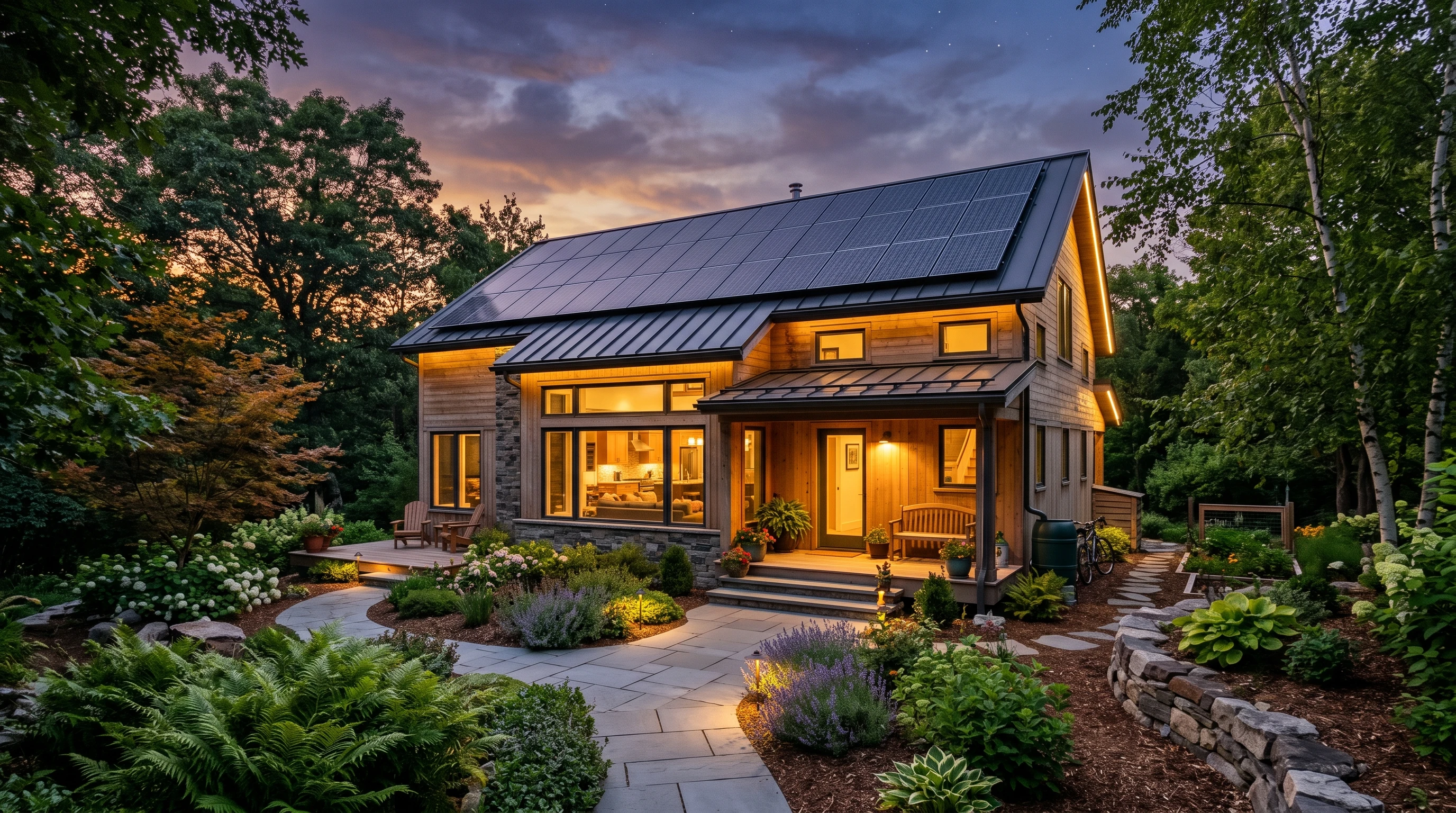 A cozy, energy-efficient house in the evening with solar panels, LED lighting visible through windows, and well-maintained landscaping.