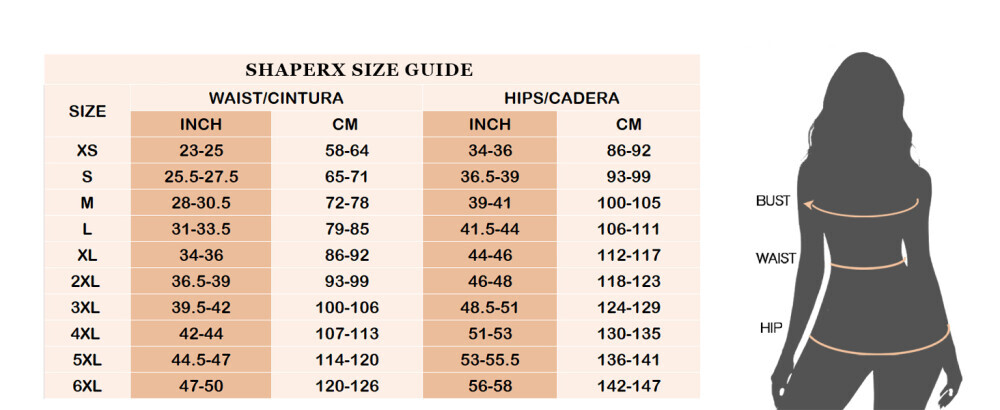 Tabla de tallas para faja reductora abdomen SHAPERX.