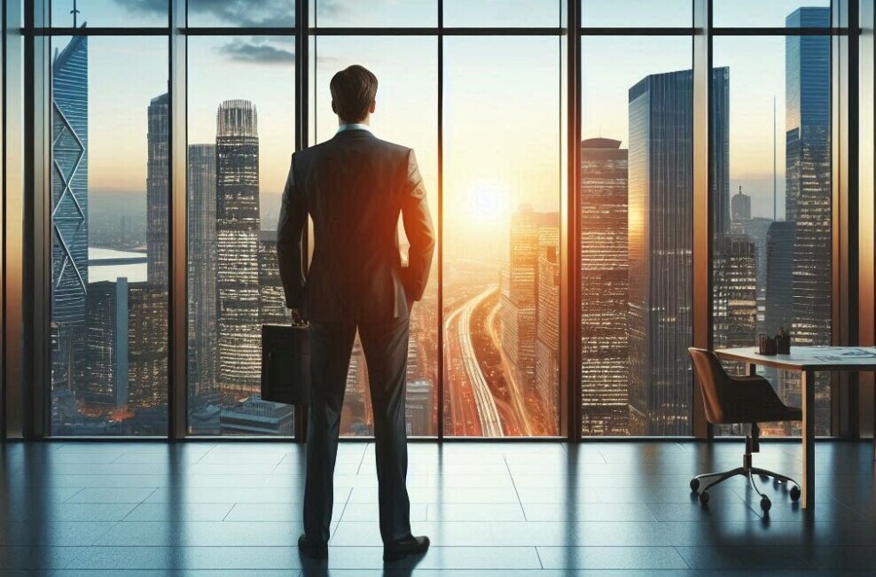 Business Leader looks out at a city of possibilities