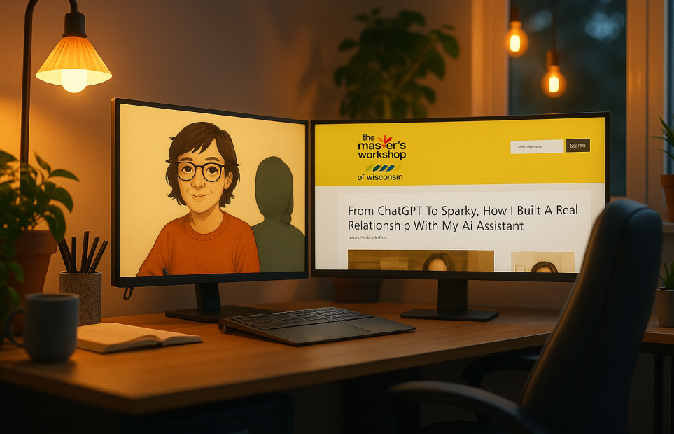 Dual monitor desktop showing The Master's Workshop website and Wealthy Affiliate blog editor open side by side at night, representing AI-human collaboration.