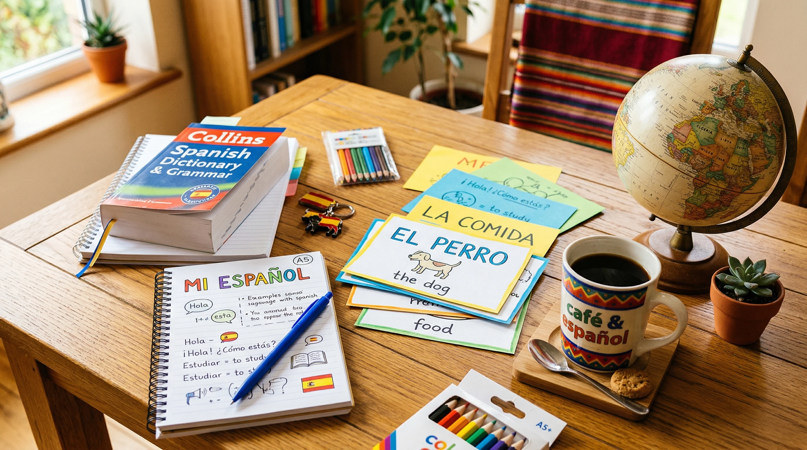A collection of Spanish learning tools such as flashcards, notebooks, and a globe on a wooden table.