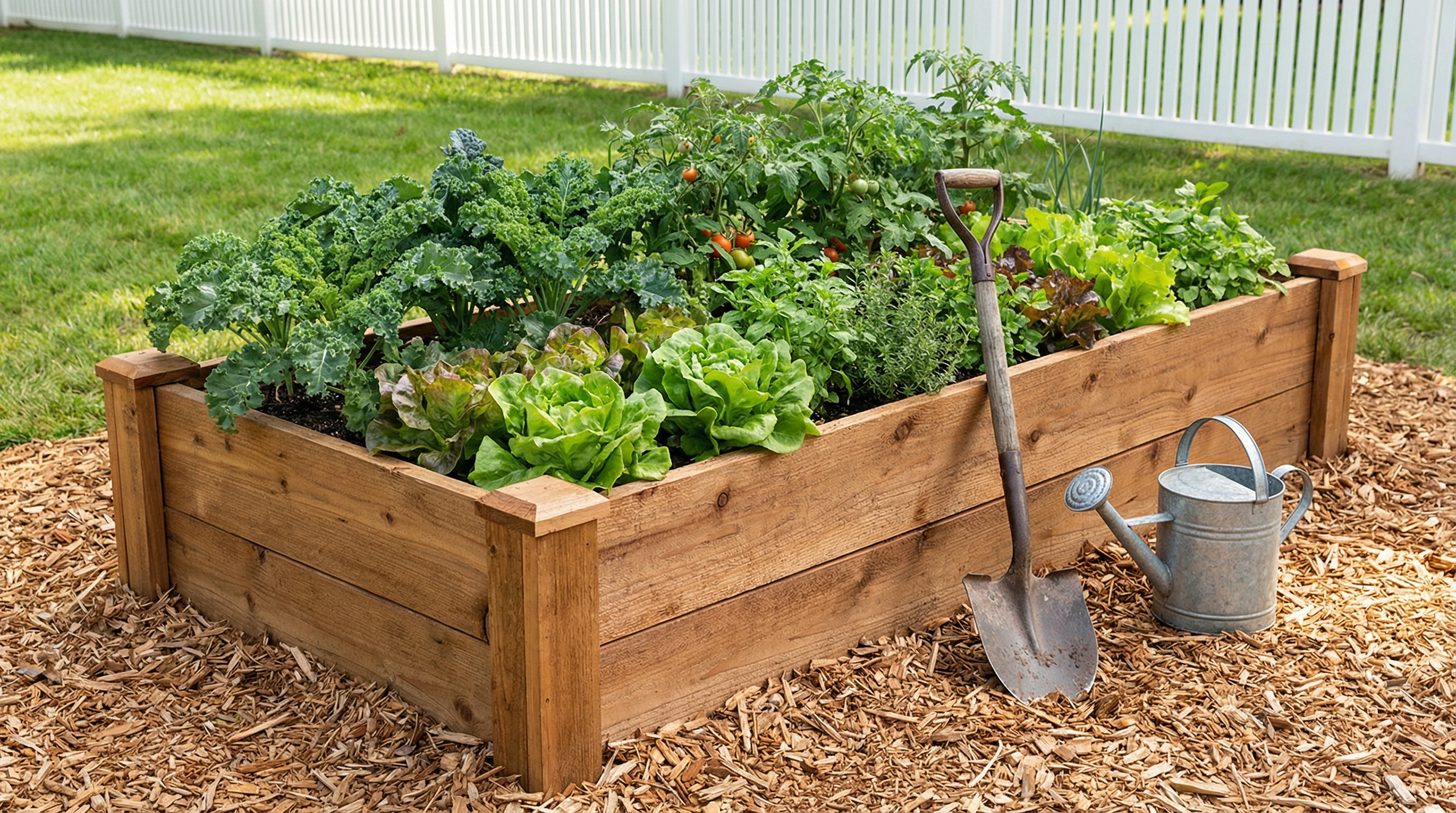 A wooden raised bed filled with healthy green vegetable plants, sitting on a fresh layer of mulch with a garden shovel and watering can nearby. The background shows a green lawn and a picket fence. Raised bed gardening, vegetables growing.