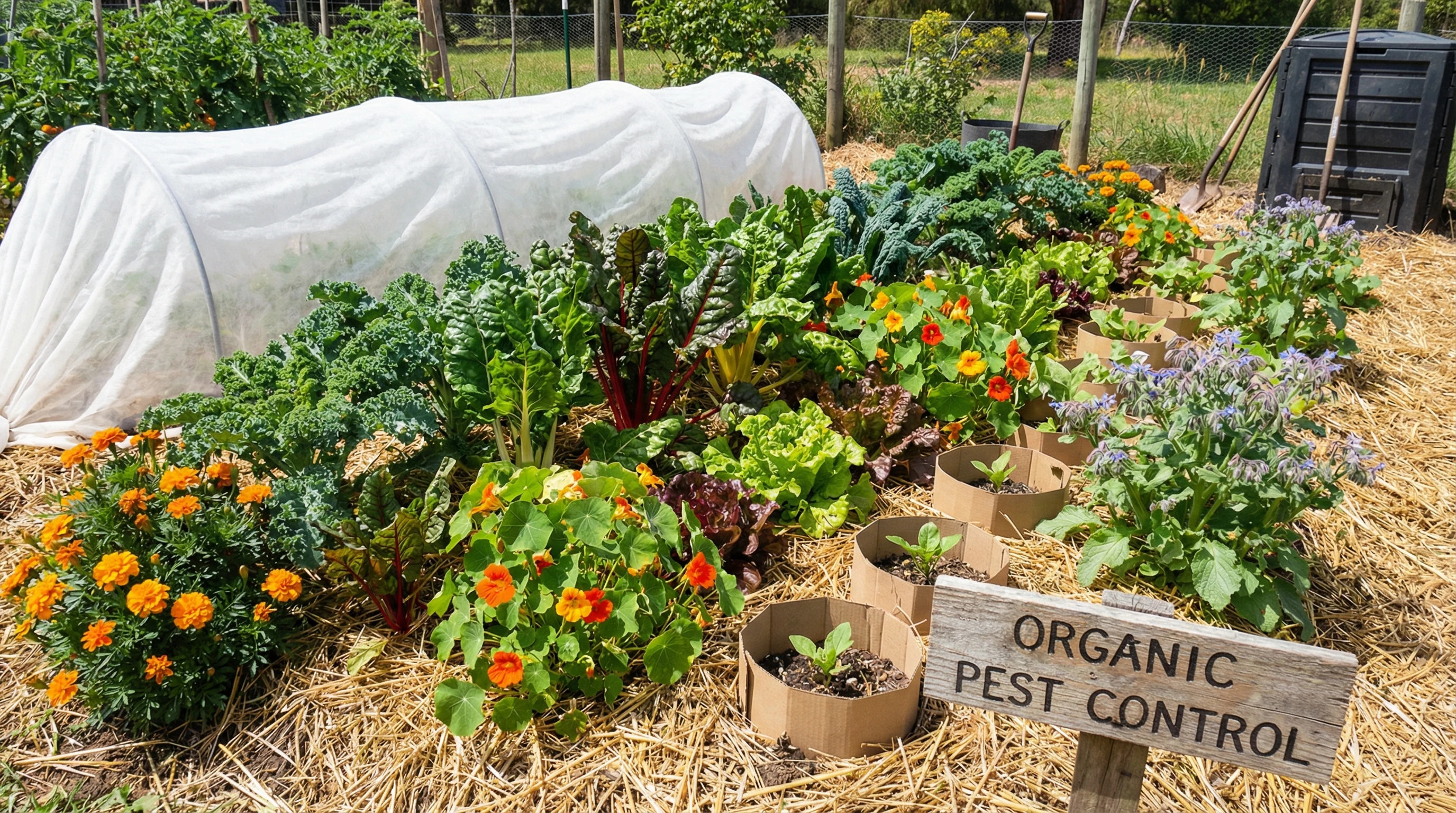 A lush vegetable bed with various green vegetables and companion flowers, surrounded by mulch and garden tools, showing natural pest control methods in practice.