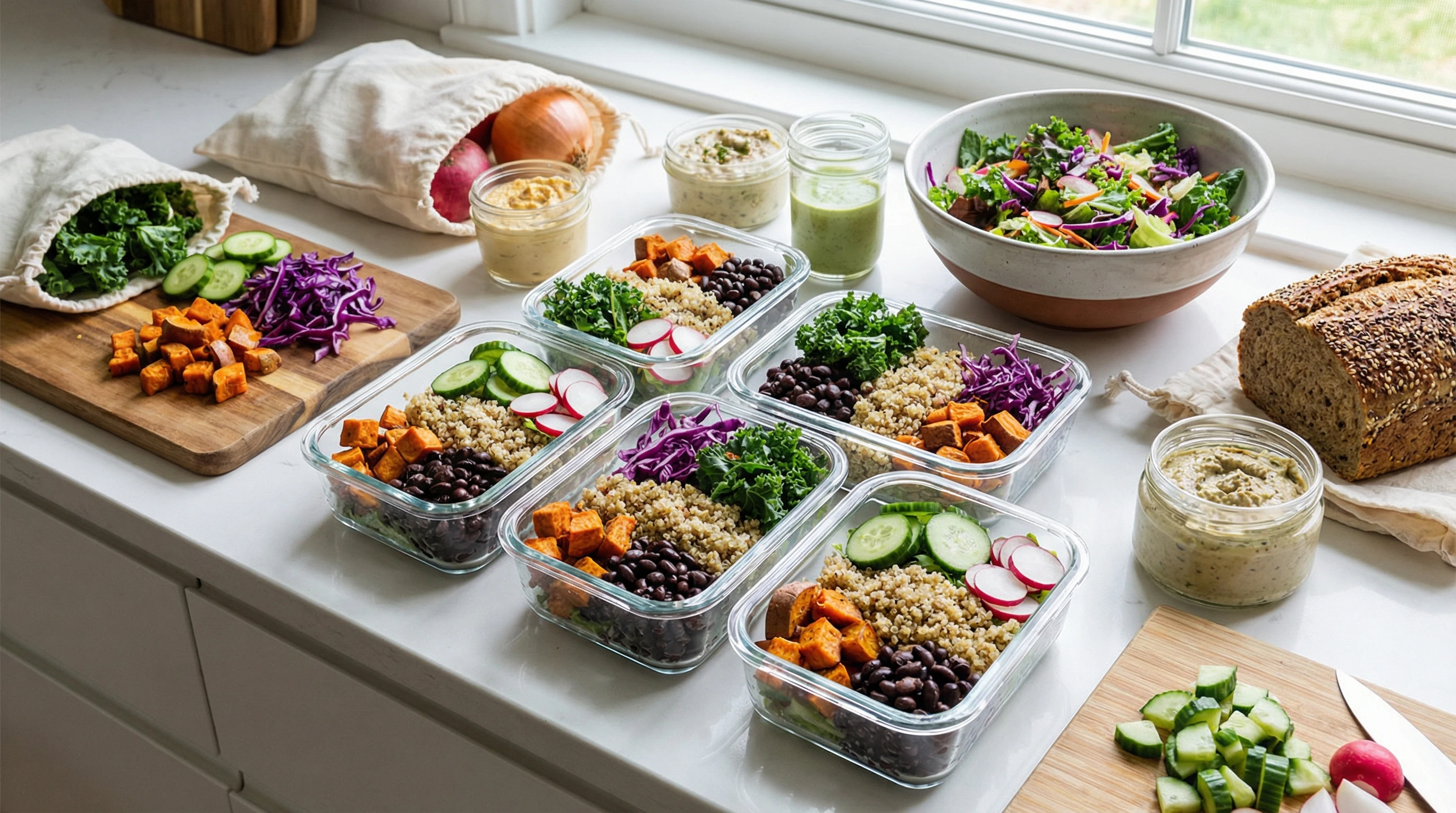 A variety of plant-based lunch prep containers filled with colorful salads, grains, legumes, and fresh vegetables, arranged on a kitchen counter with cutting boards, reusable bags, and small containers of dips.