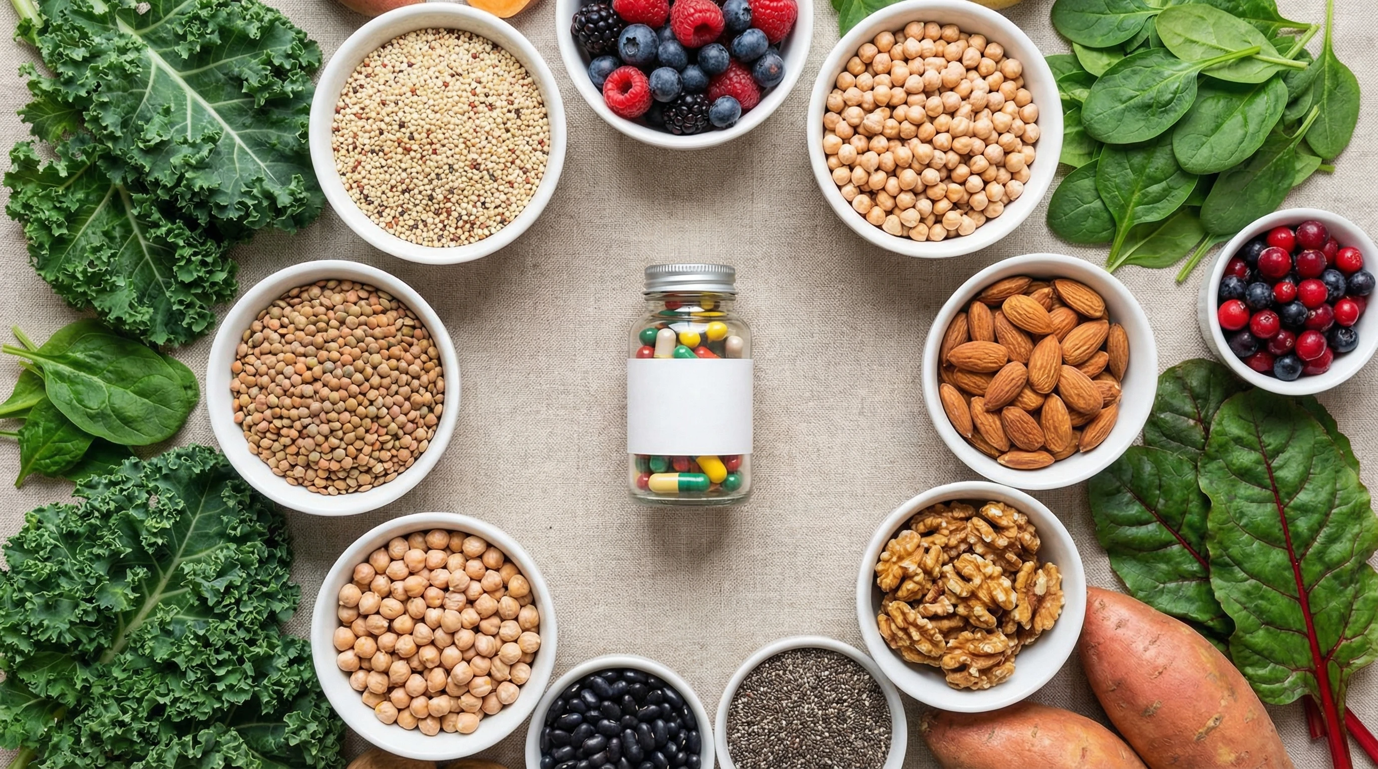 A close-up of various plant-based foods with a supplement bottle and a leafy background