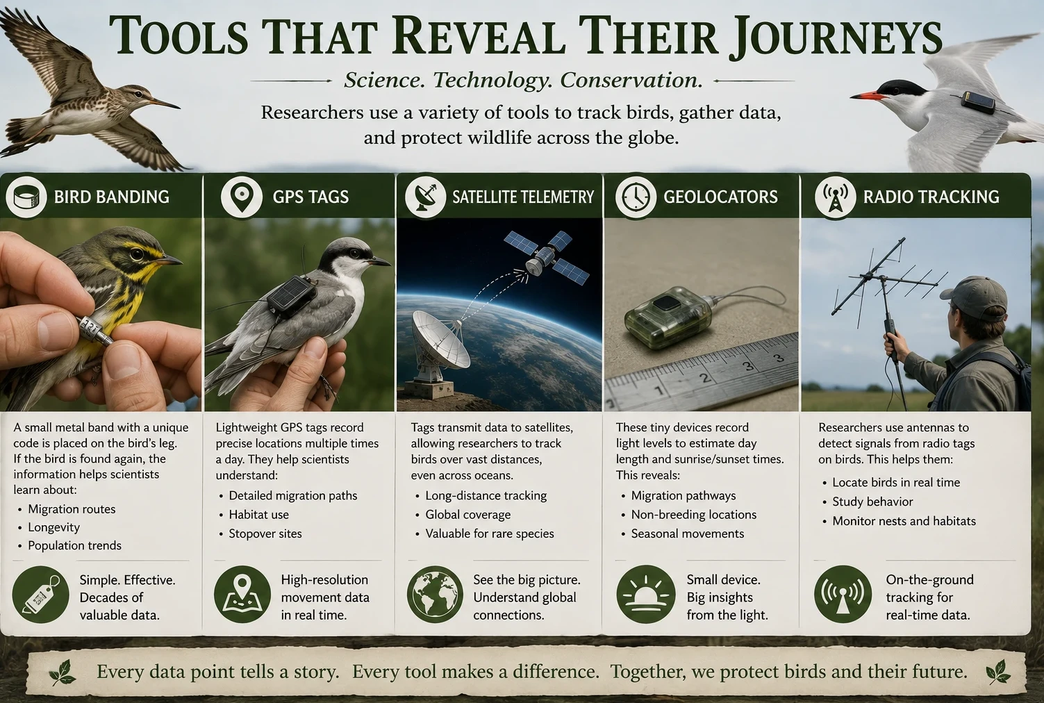 Scientific bird tracking tools including bird banding, GPS tags, satellite telemetry, geolocators, and radio tracking for conservation research and understanding