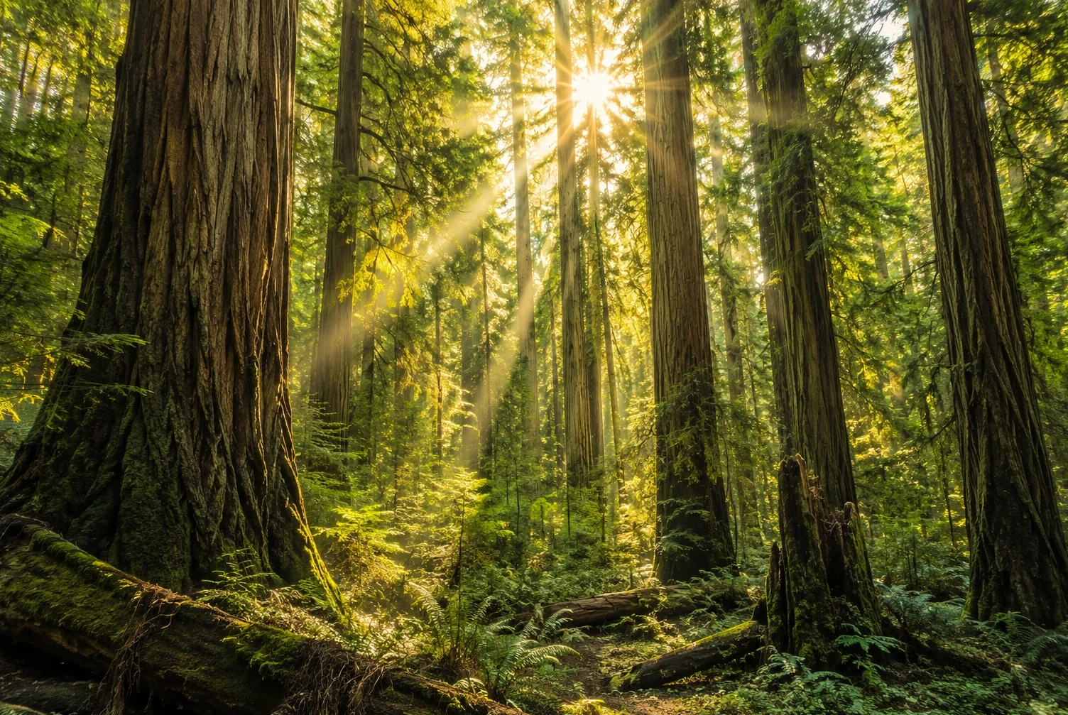 Old-growth forest with mature trees and sunlight filtering through the canopy, representing the subject of The Hidden Life of Trees.