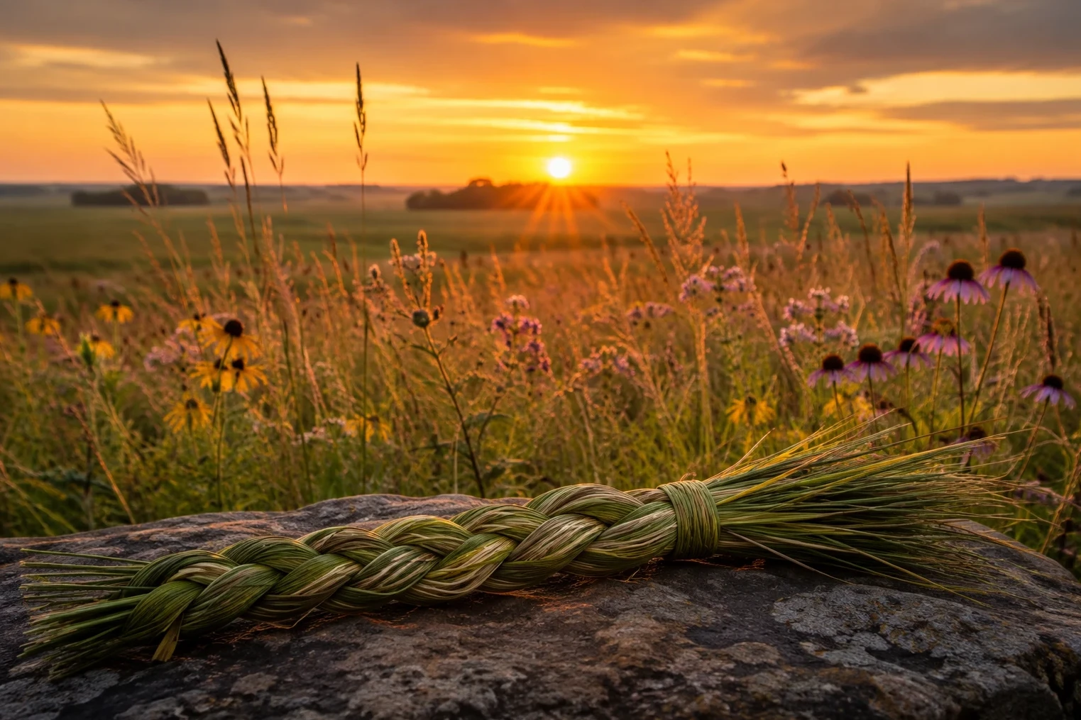 A braided bundle of sweetgrass resting on a stone in a native prairie at sunrise, representing the themes of Braiding Sweetgrass. 