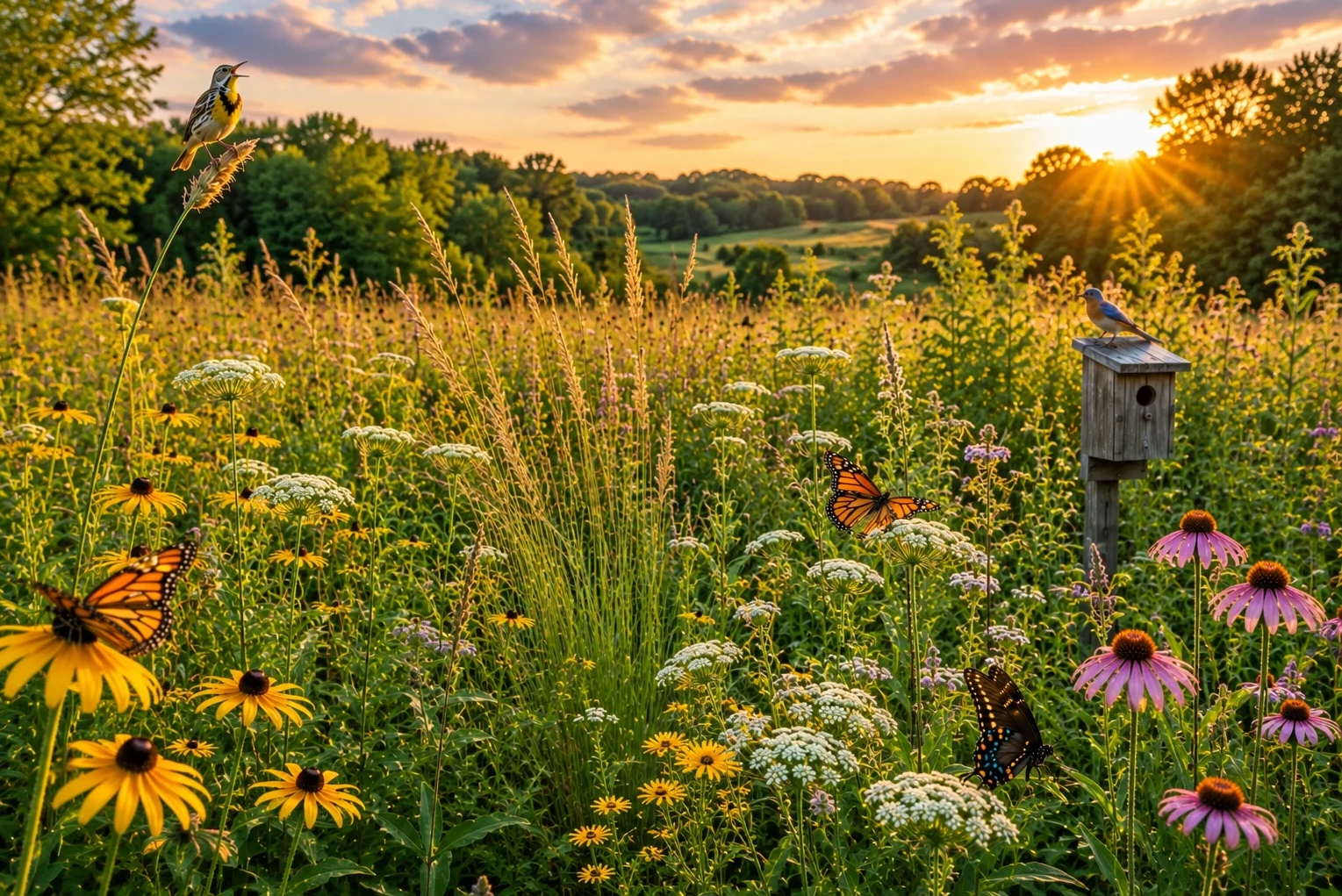 A restored habitat with native wildflowers, butterflies, birds, and grasses, representing the topic of Wilding. 