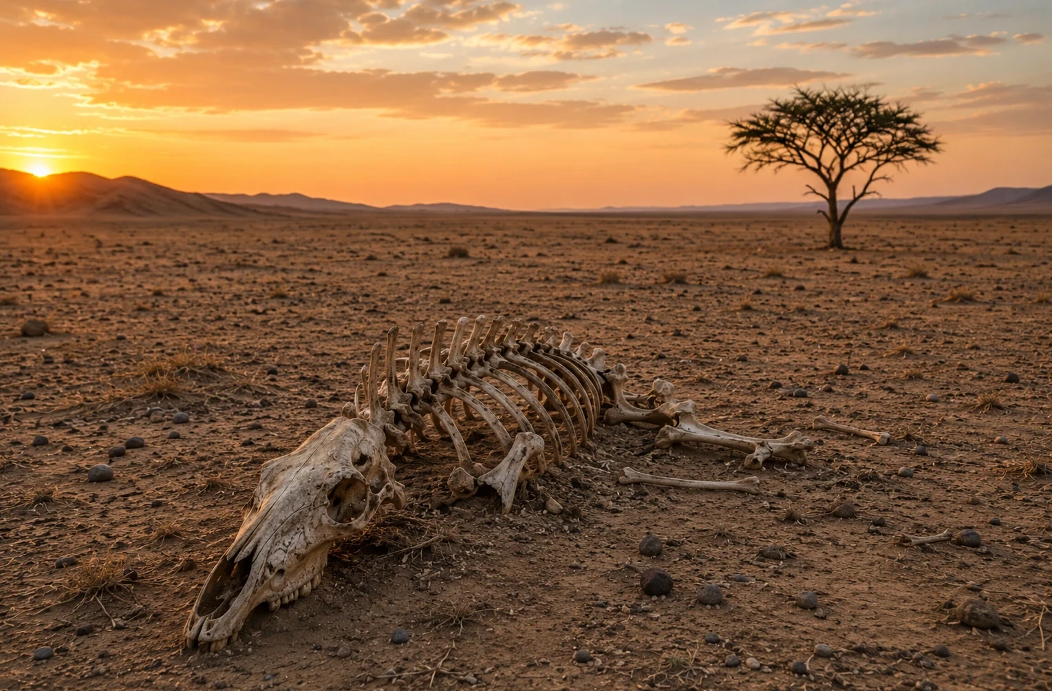 Large mammal skeleton scattered on an arid desert ground with a solitary tree in the distance, representing the themes of The Sixth Extinction. 
