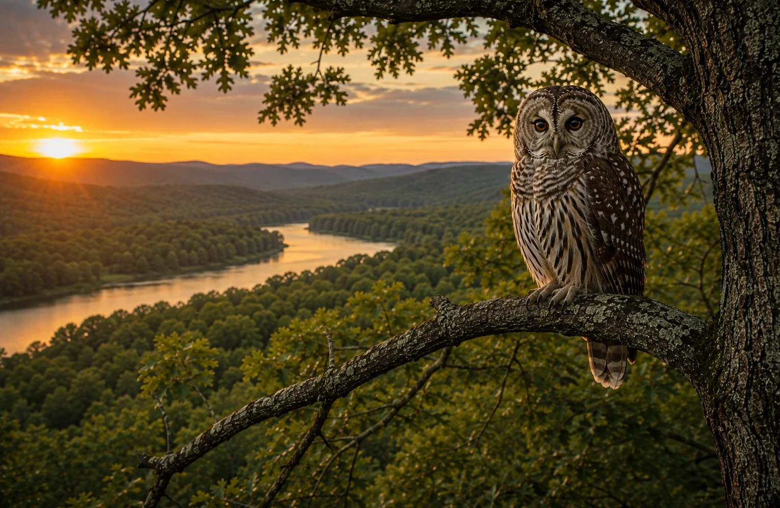 Barred owl positioned on a moss covered tree branch overlooking a forested river valley at sunset, representing wisdom and ethical conservation decisions. 