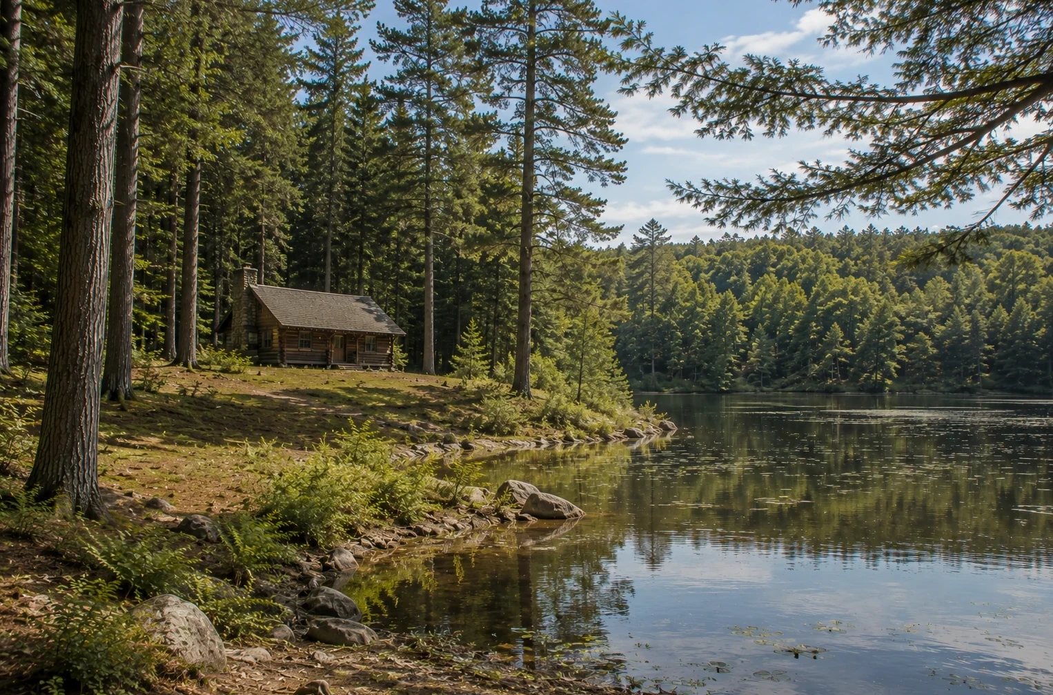 Log cabin in a serene forest beside a reflective pond, illustrating the simple living and natural surroundings associated with Walden.