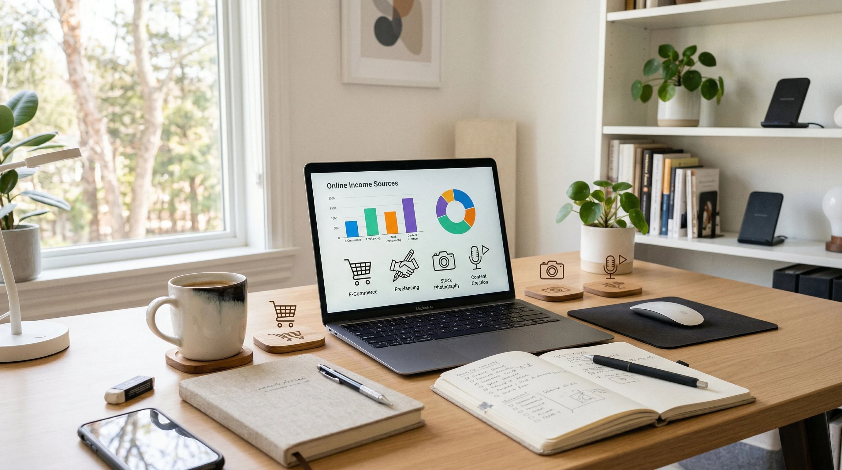 A tidy home office workspace with a laptop, coffee mug, notepad, and charts illustrating online income channels on the screen, with digital icons representing e-commerce, freelancing, and content creation.