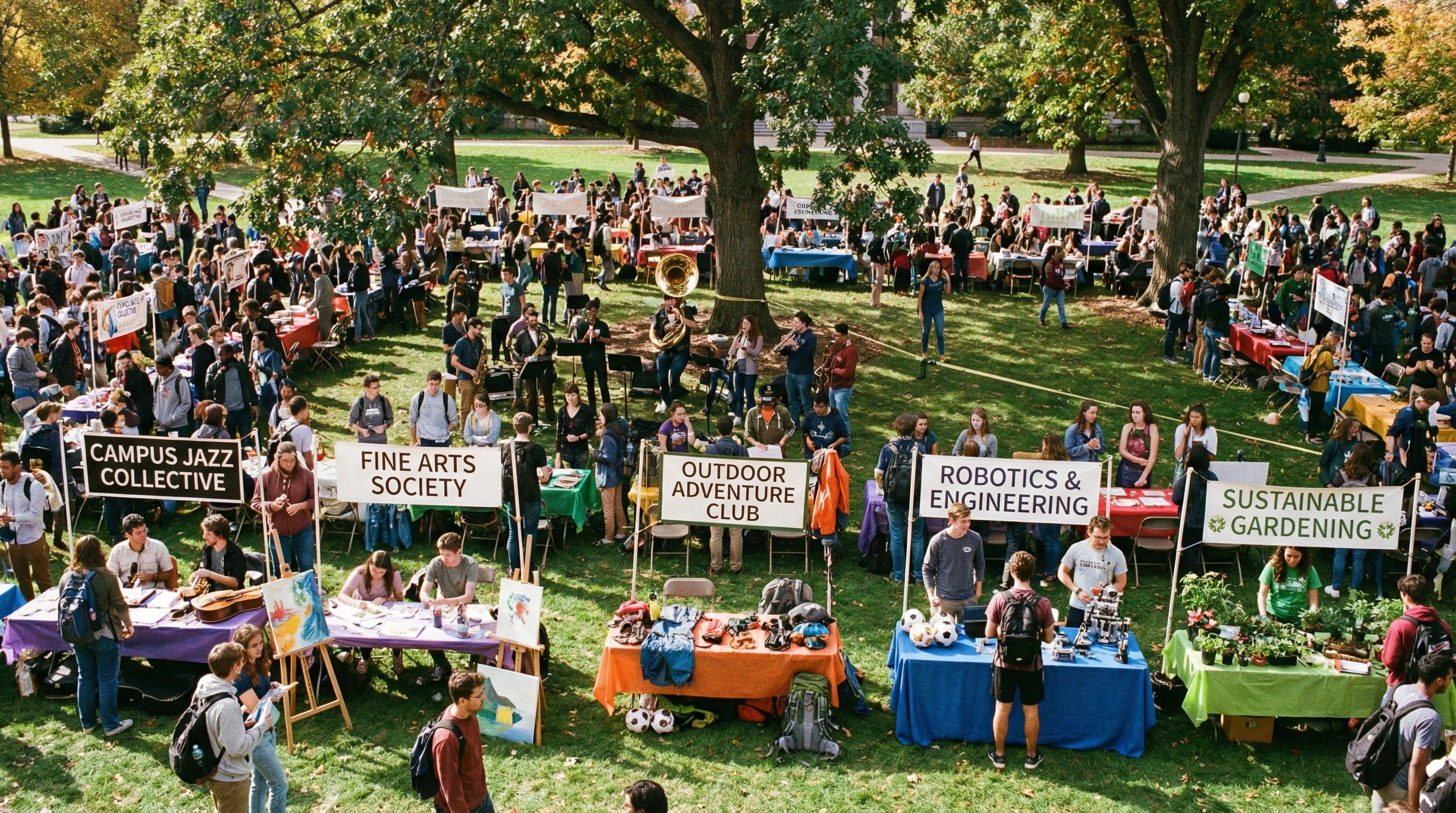 A university campus with a group of students gathered around club posters and activity tables underneath leafy trees. Banners, sports equipment, art supplies, and musical instruments are displayed on tables.