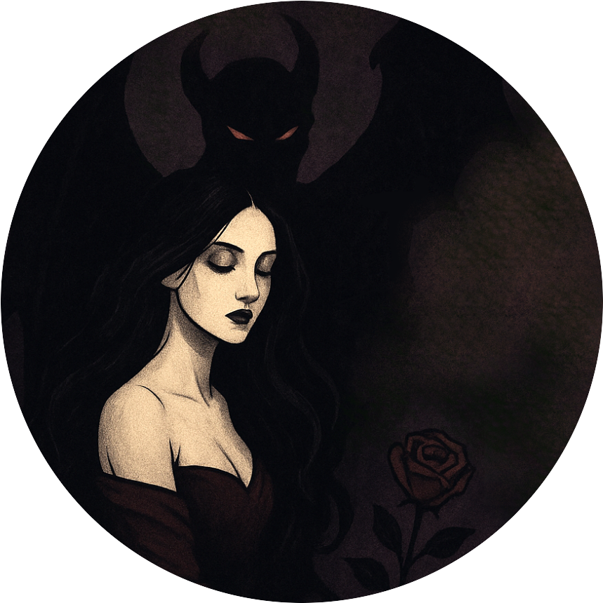 dark scene image of an ominous bat creature over a beautiful woman who is holding a rose