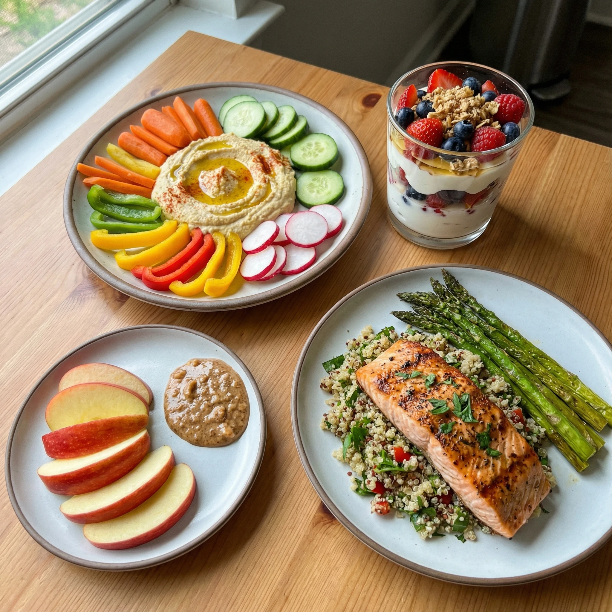 hummus with veggies on a plate, yogurt and berries in a cup, an apple with almond butter on a plate, and salmon with quinoa on a plate.