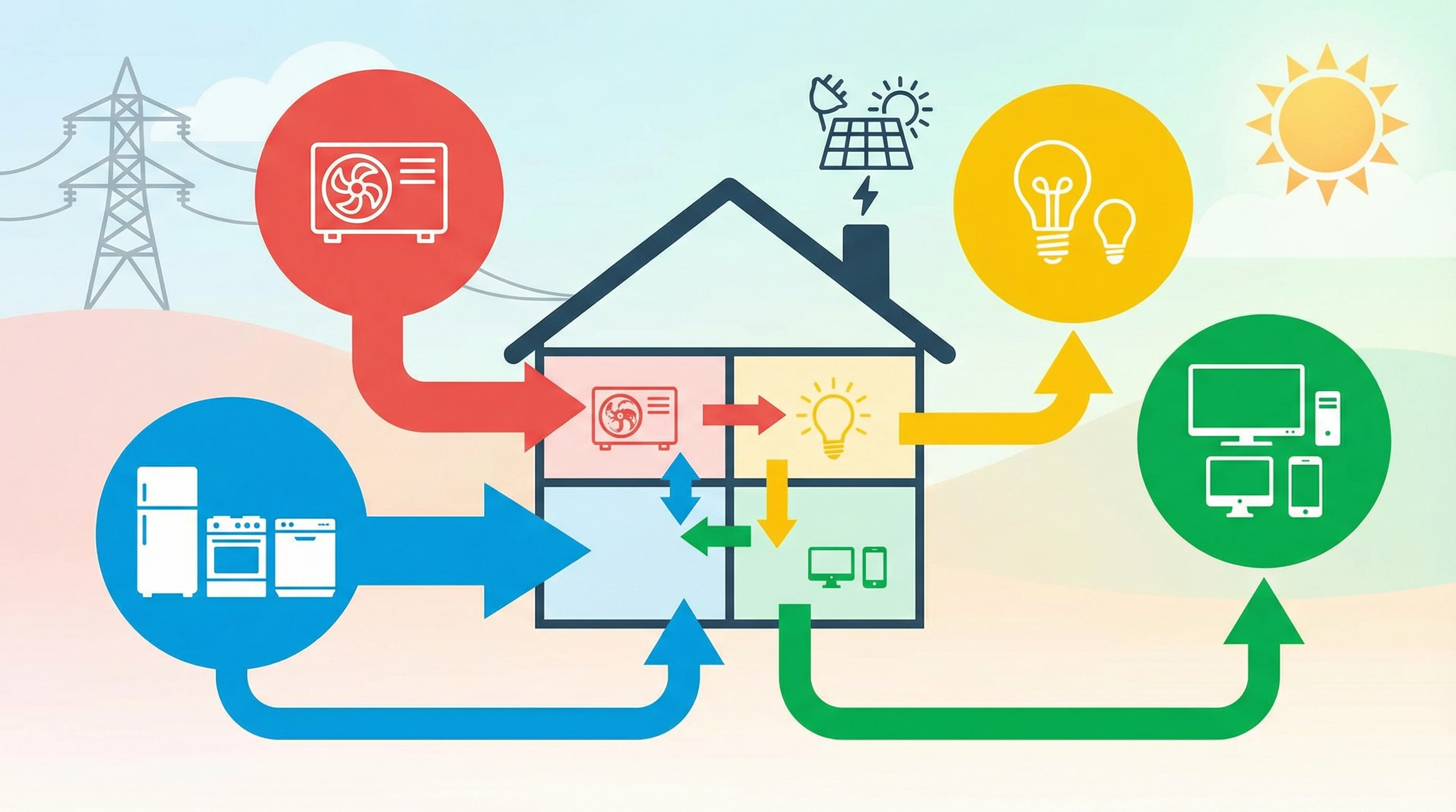 A colorful infographic showing different appliances and their energy usage in a typical home, with icons for HVAC, kitchen appliances, lights, and electronics. The background includes a simple house silhouette with energy arrows illustrating flow and consumption. The graphic uses a clean, modern style without any text.