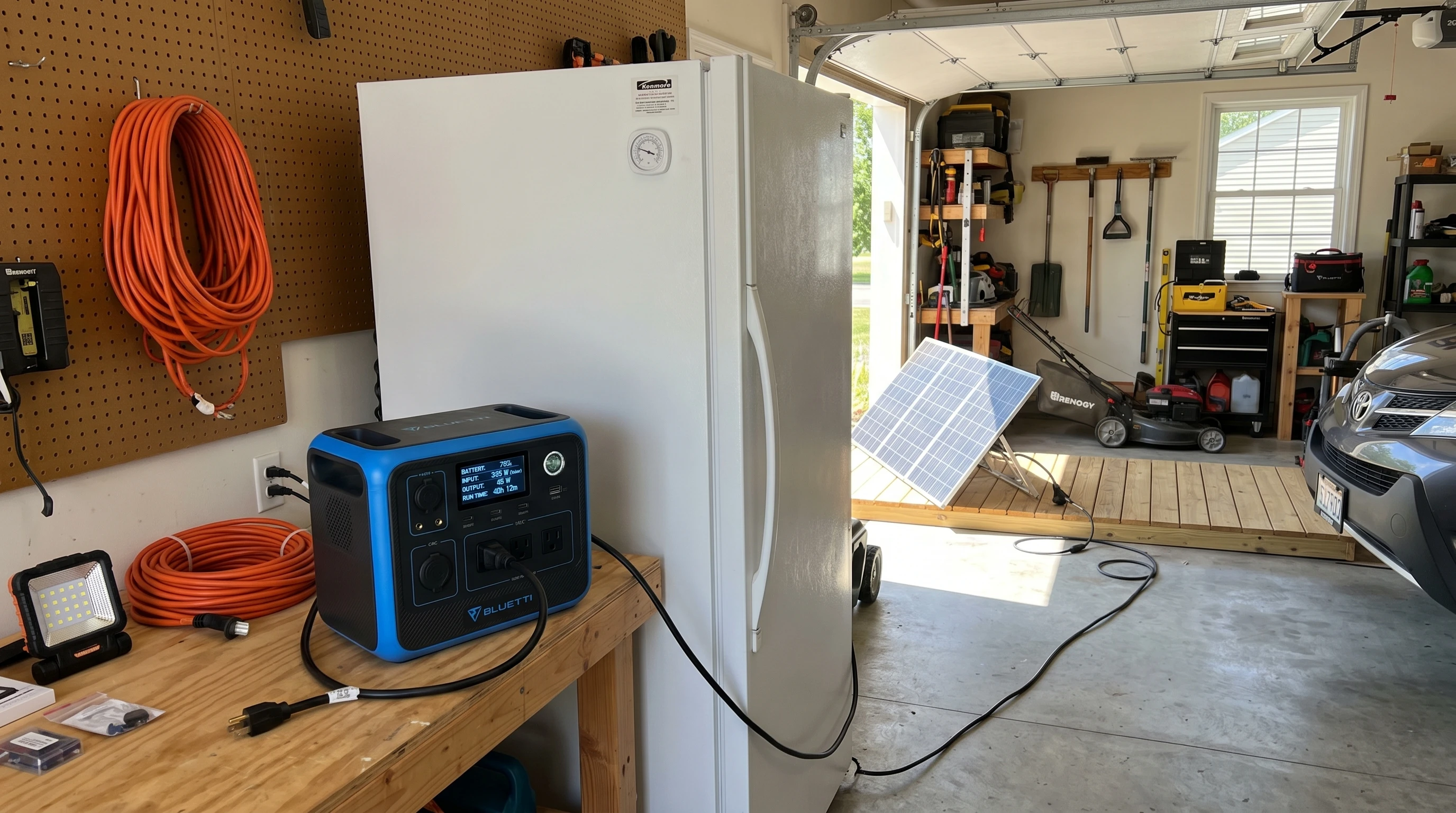 A solar generator connected to a large upright freezer in a home garage, with solar panels set up outside on a sunny day. The freezer is closed and a few ready-to-use extension cords and displays are visible. The solar generator readout shows remaining battery and the power draw.