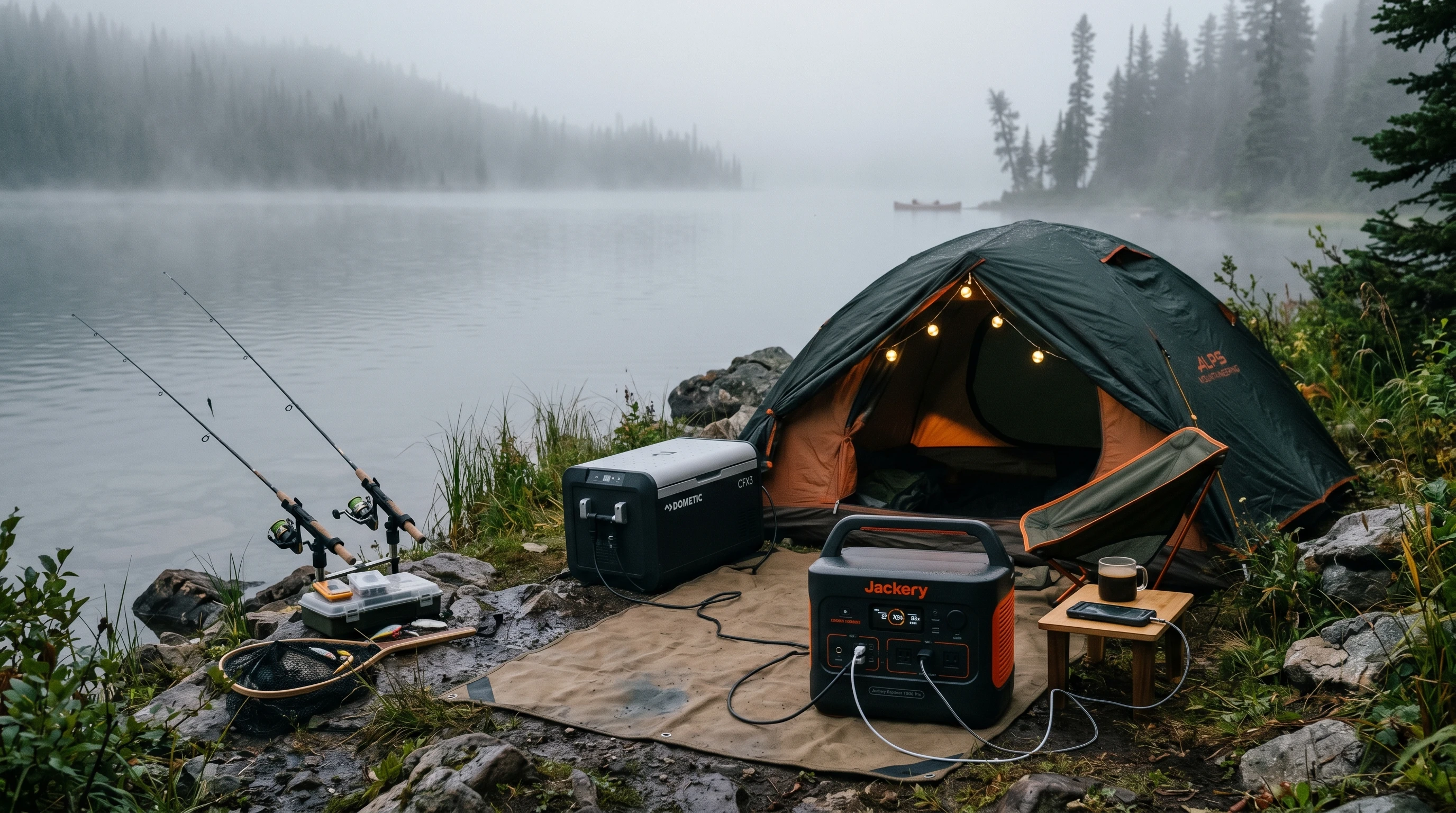 A powerful yet compact portable power station set next to a tent and a fishing setup on a foggy lakeshore. Nearby are a portable fridge, camp lights, and a phone charging, all running off the station.