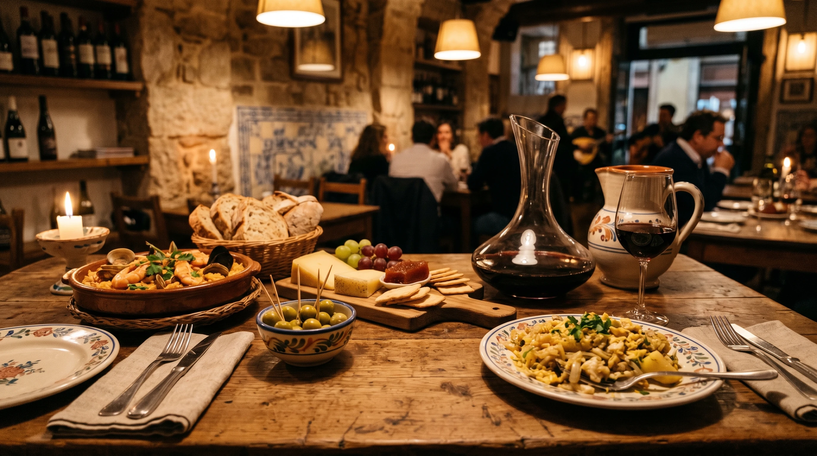 A cozy Portuguese tavern table set for dinner with traditional dishes, bread, and wine.
