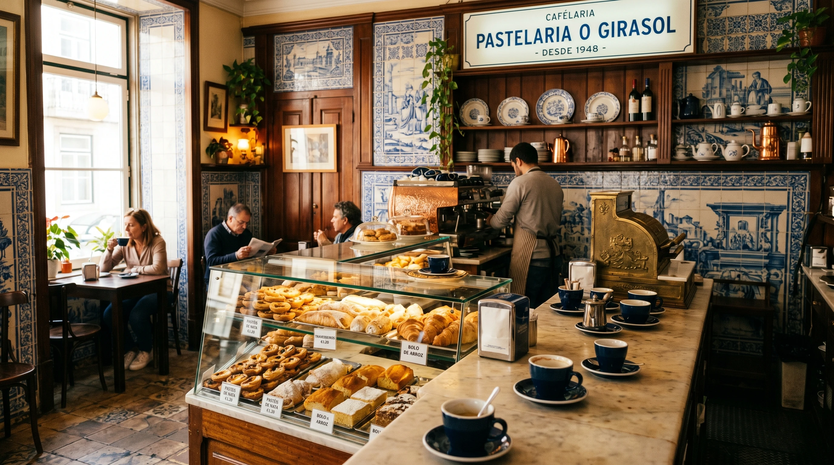 Atmospheric photo of a typical Portuguese café with pastries and espresso cups on the counter, tiled walls, and a view of the pastelaria display