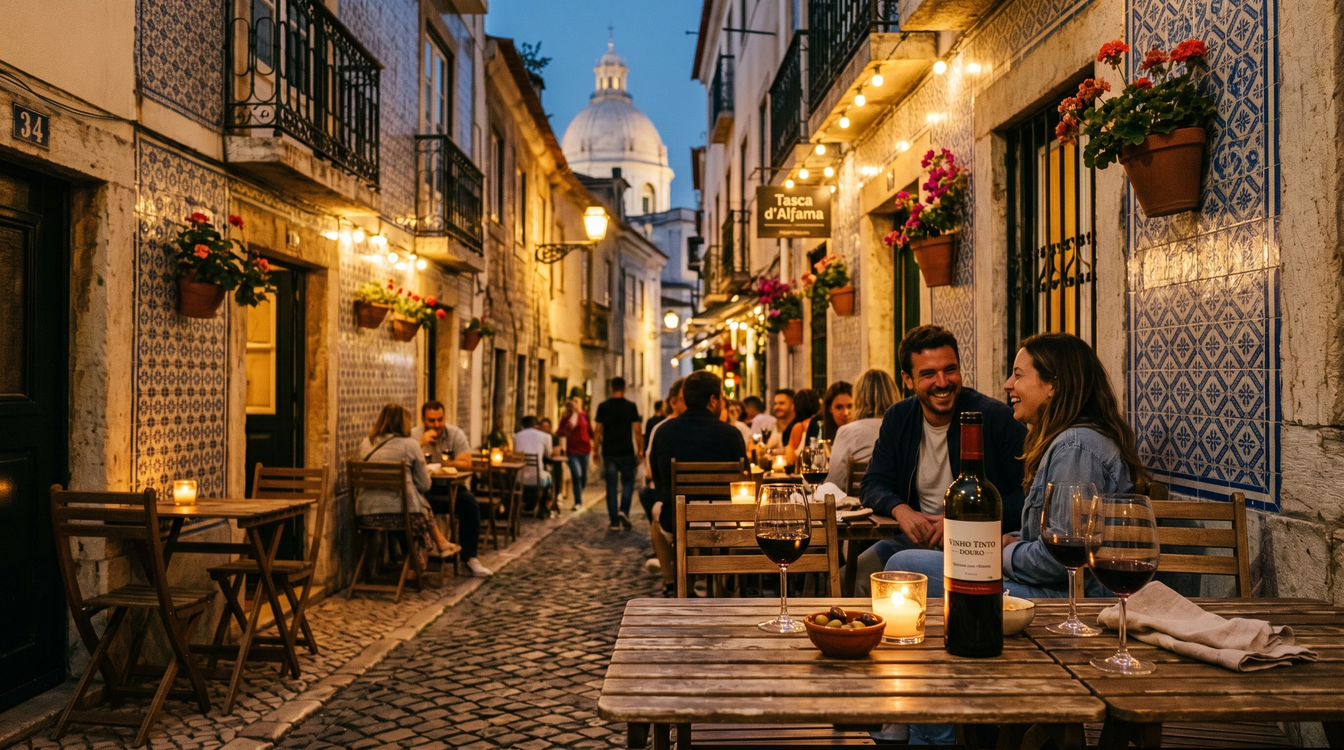 Outdoor evening in Lisbon with cozy street terrace and traditional Portuguese tiles, atmospheric lighting, and wine glasses on rustic tables.