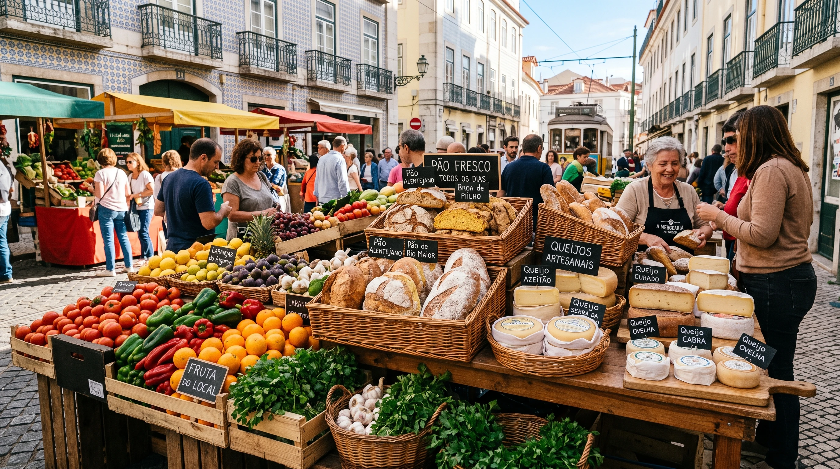 A colorful Lisbon food market with baskets of local bread, cheeses, and fresh produce lined up on rustic tables.
