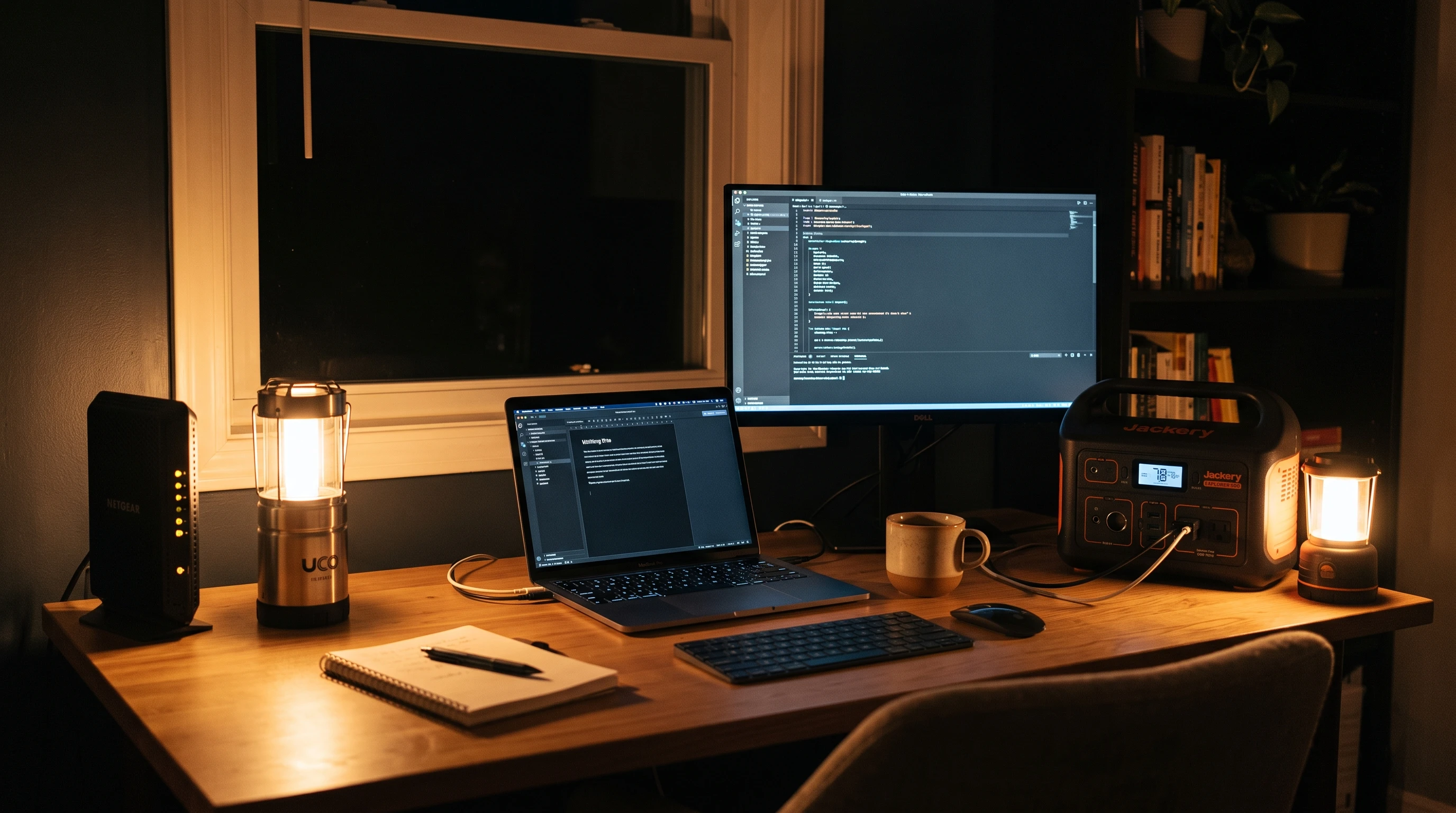 A simple home office desk with a laptop, monitor, modem, small UPS, and a portable power station nearby. Also visible: a power strip and an emergency LED lantern. Room is softly lit, showing battery backup in action.
