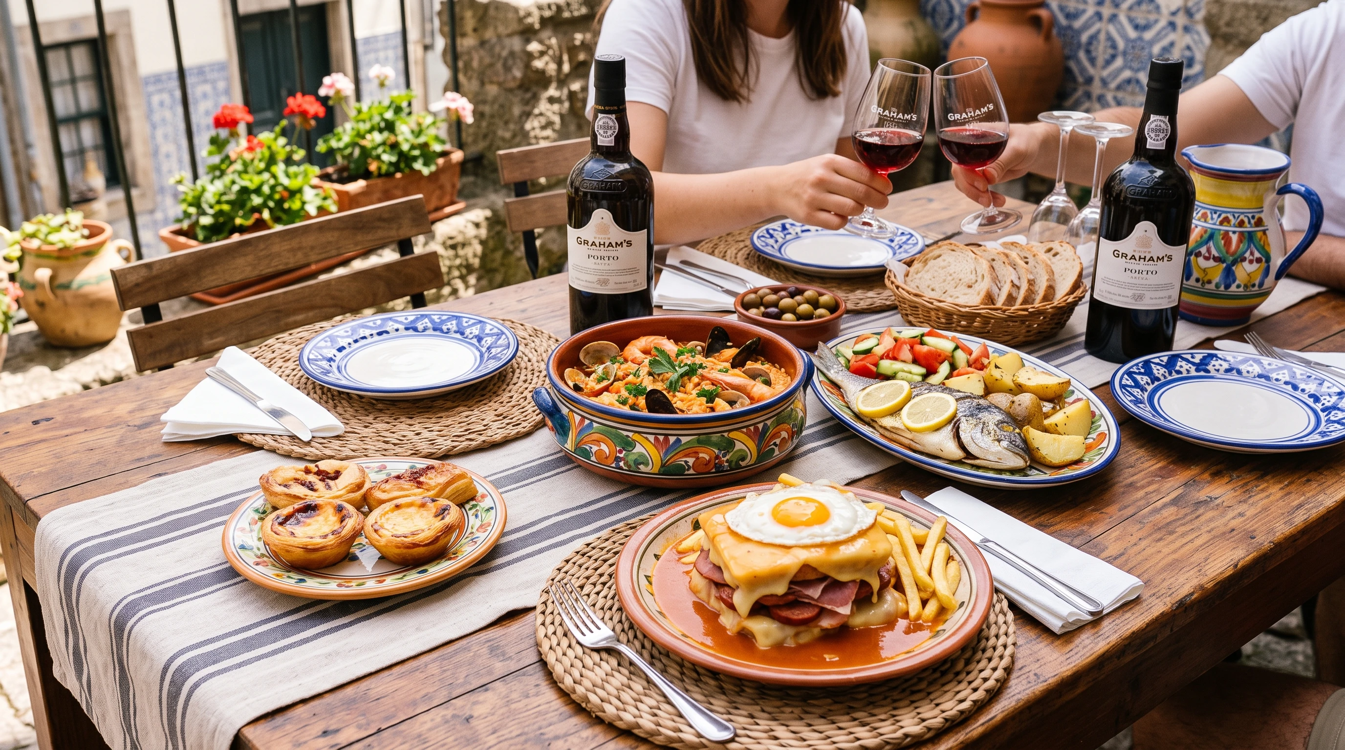 A table with francesinha, seafood rice, pastel de nata, and glasses of Port wine in Porto restaurant