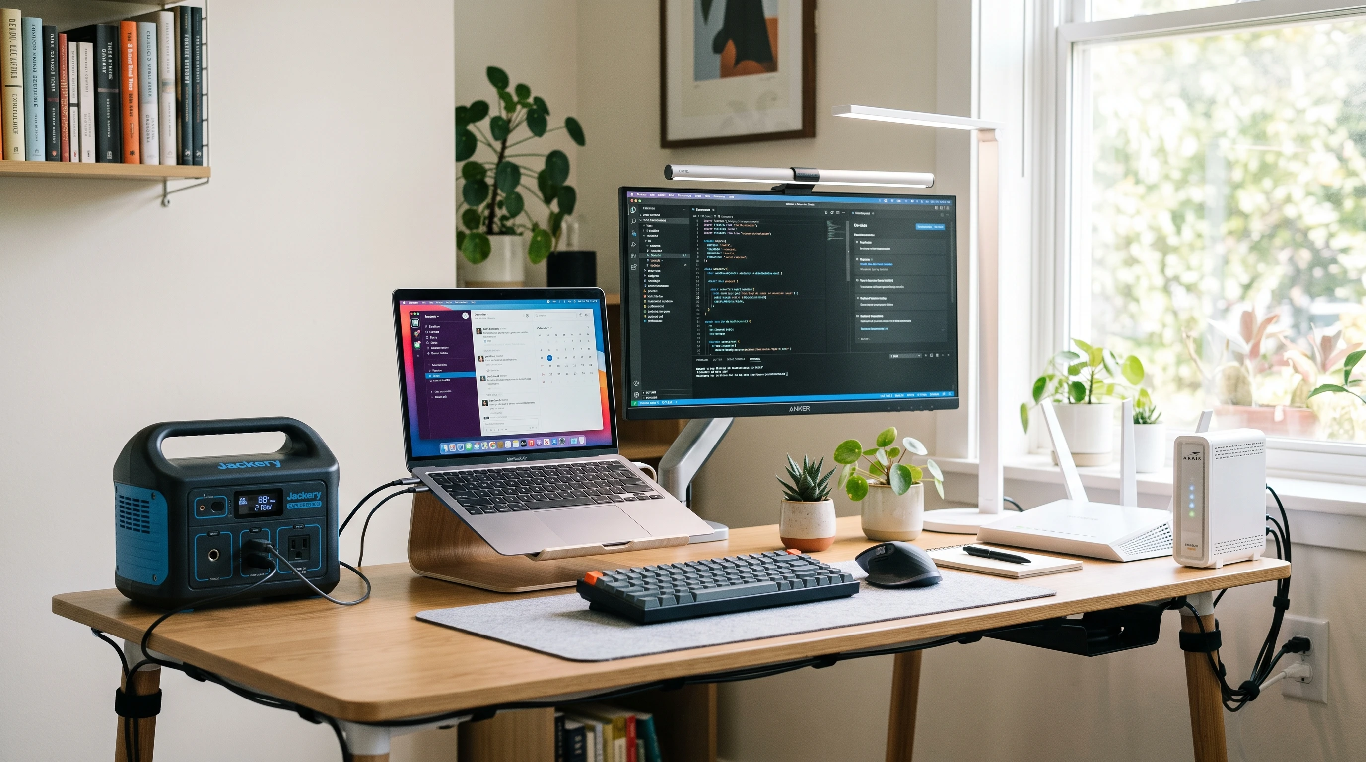 portable power station in a home office setting powering a laptop, monitor, modem, and LED lamp
