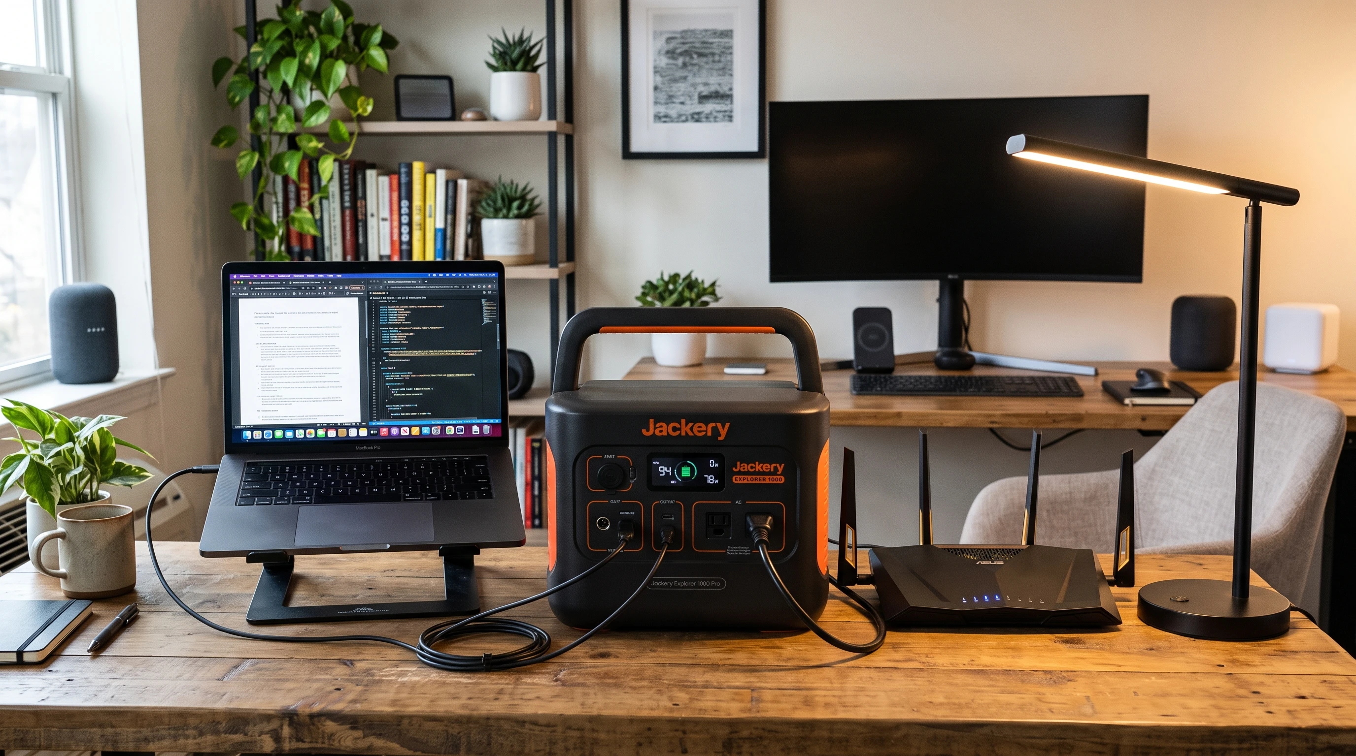 Portable power station next to common home devices for backup power