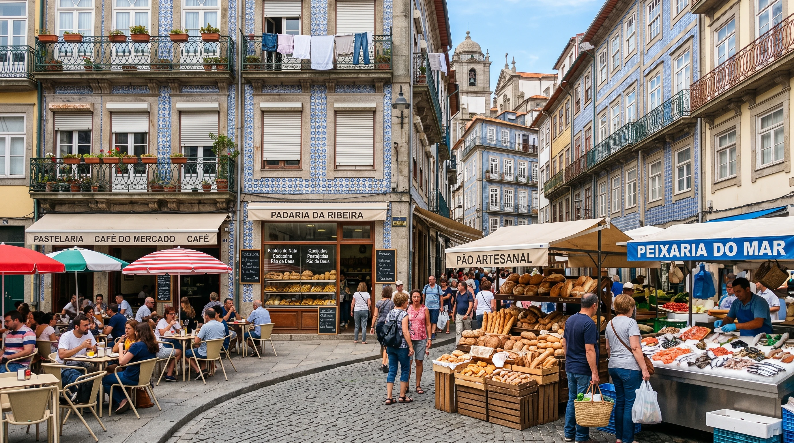 Colorful Porto street with outdoor café tables, a bakery window, and local food market stands. Views of fresh bread, pastries, and fish markets in old town Porto.