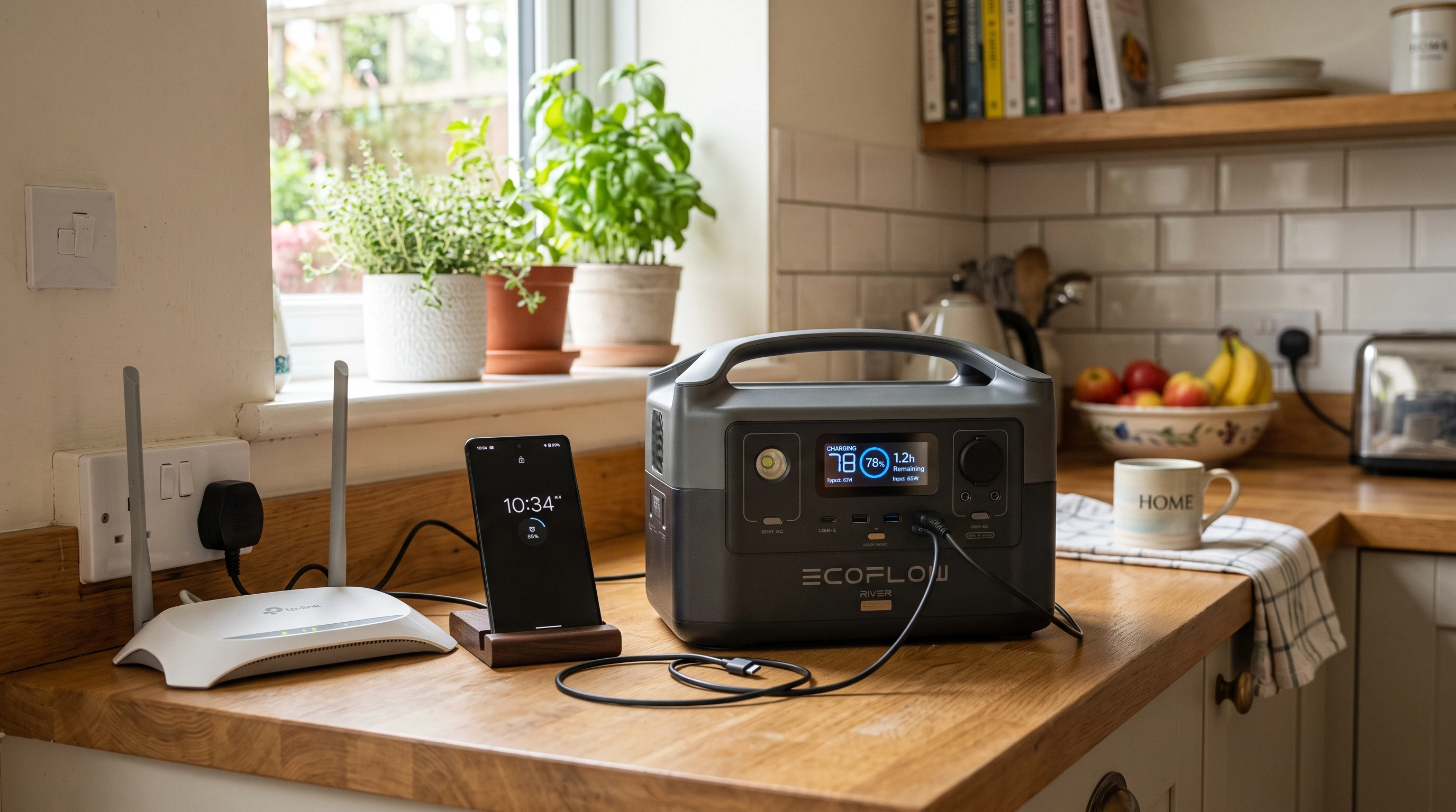 Portable power station plugged into a household wall outlet surrounded by other devices like a router and smartphone, sitting on a kitchen counter with natural light