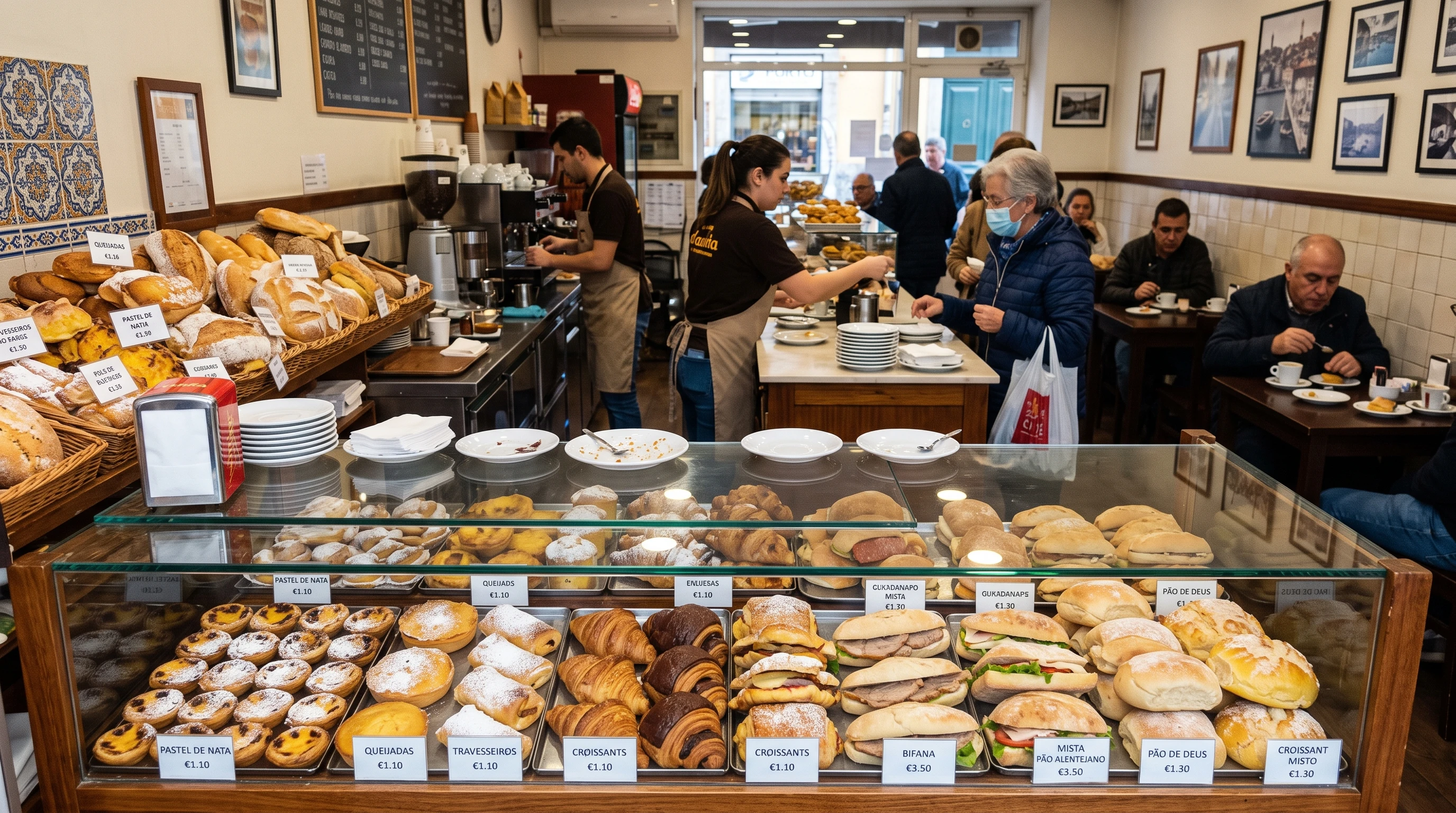 Table of typical Portuguese bakery snacks and coffee on a cafe table in Porto. Simple pastries, sandwich, and coffee.