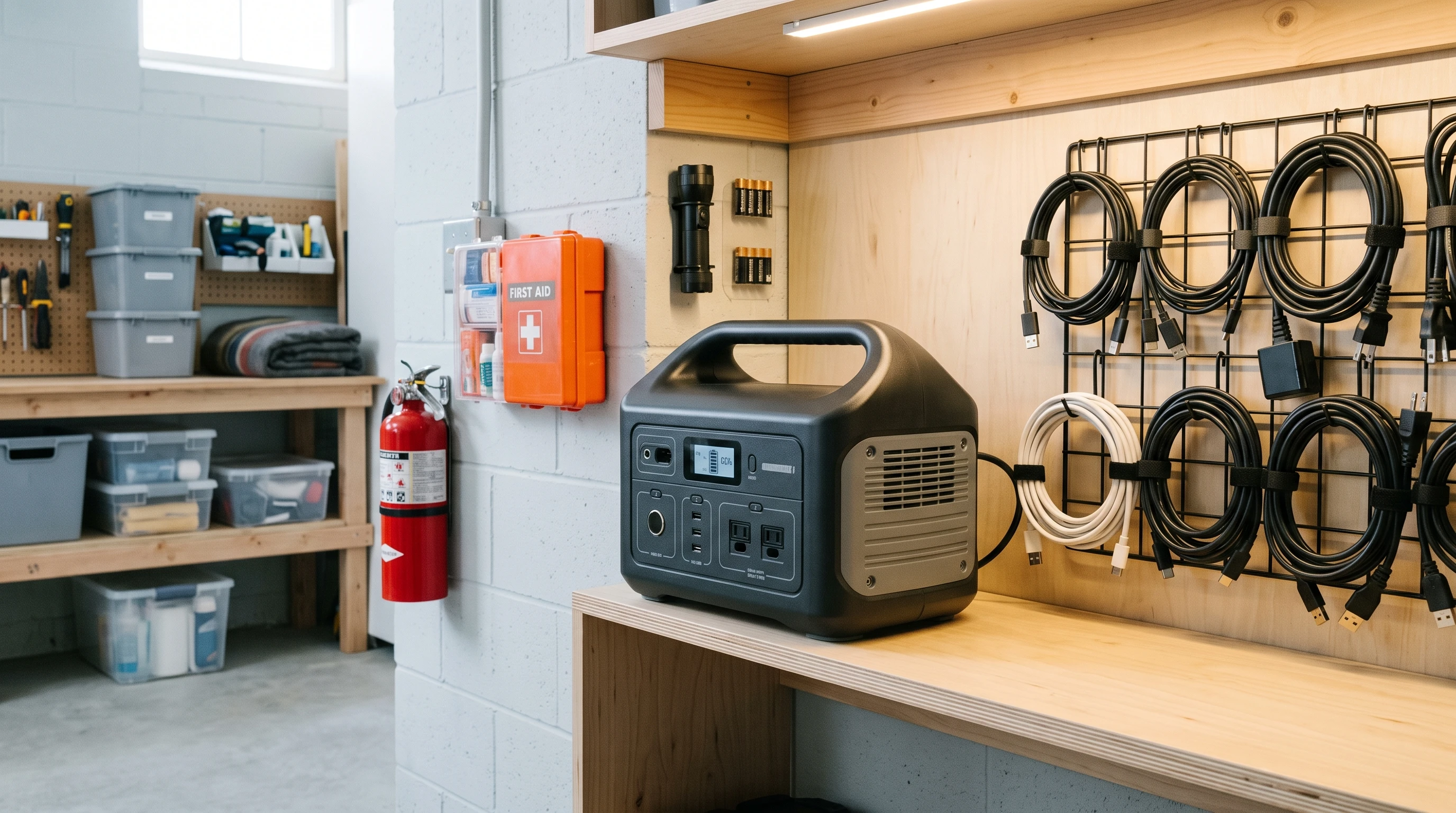 Portable power station on a shelf with cables neatly organized nearby, ready for emergency use