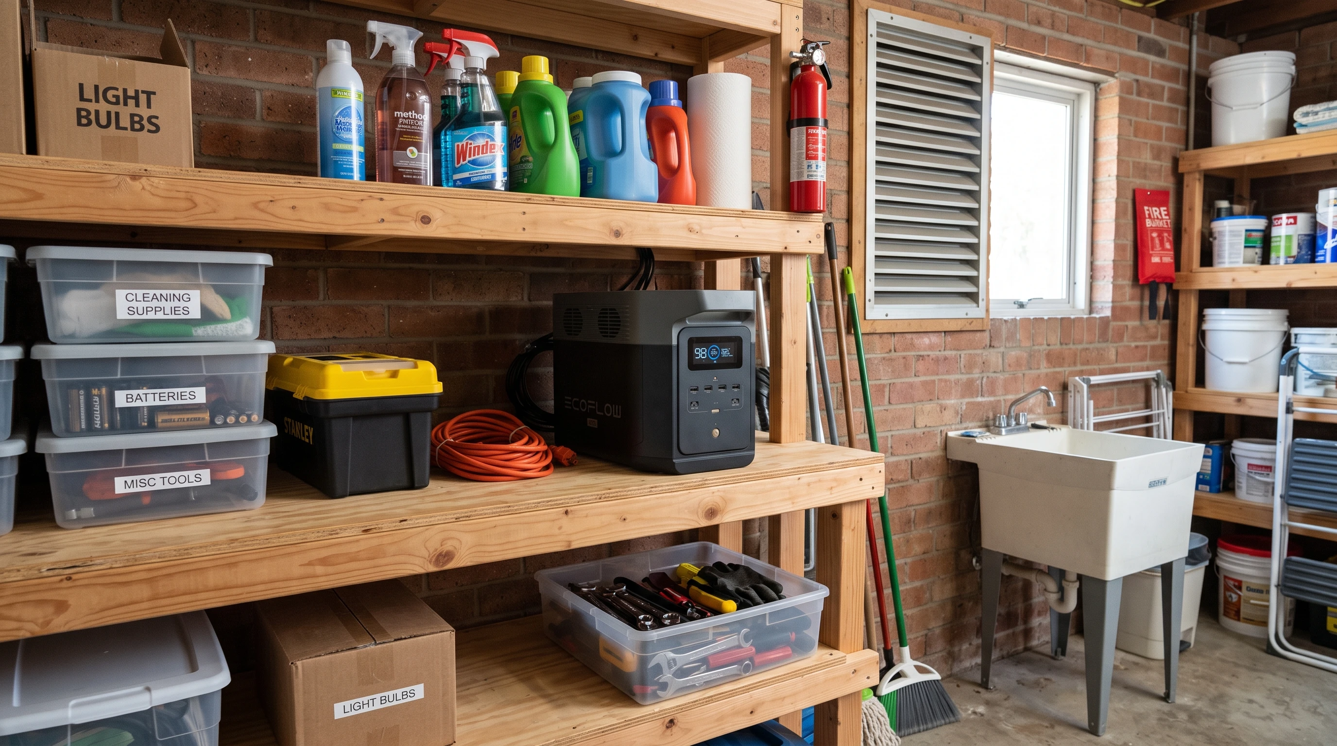 Portable power station stored on a shelf in a dry, well-ventilated room with no people
