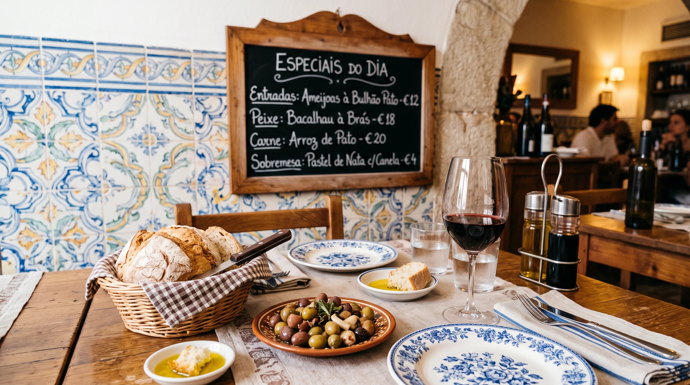 A cozy Portuguese restaurant table with a basket of bread, a small plate of olives, and a handwritten daily specials board in the background. There's a glass of wine and traditional tilework in soft colors.