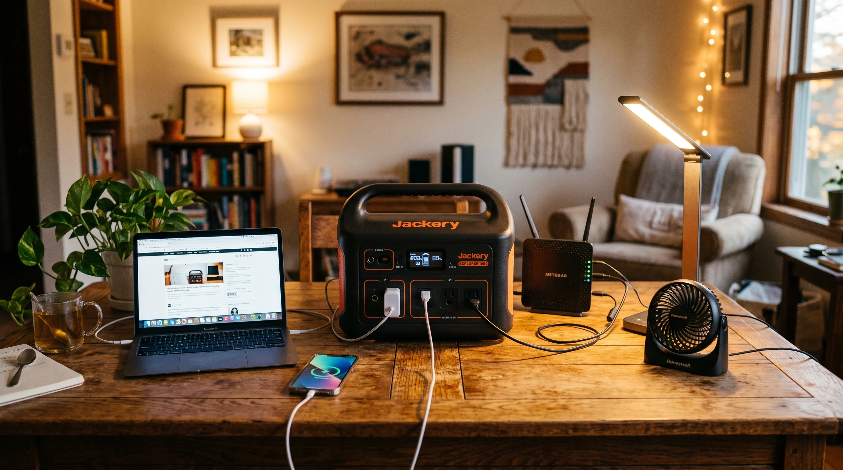 A portable power station on a table surrounded by various small devices it can power – such as a phone, laptop, LED lights, router, and fans – in a cozy home setting.