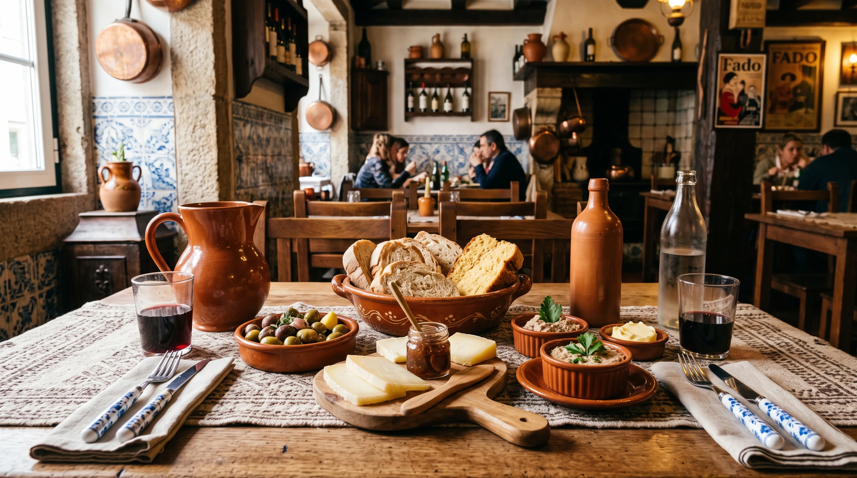 A table in a Portuguese restaurant set with bread, olives, and butter