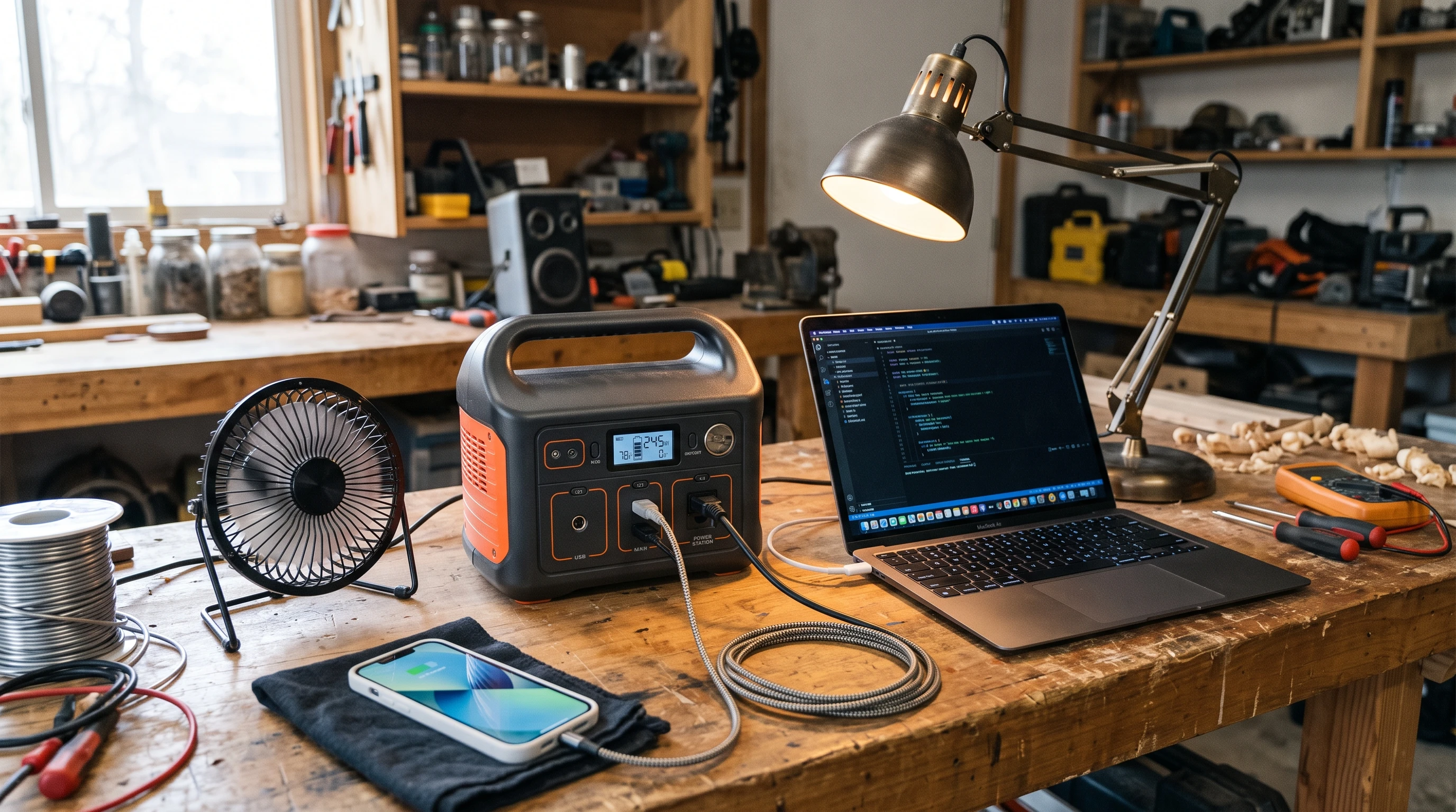 Portable power station with various household devices plugged in, displaying wattage and battery statistics on a simple LCD screen. Organized workbench background with devices like a laptop, lamp, small fan, and phone charger.
