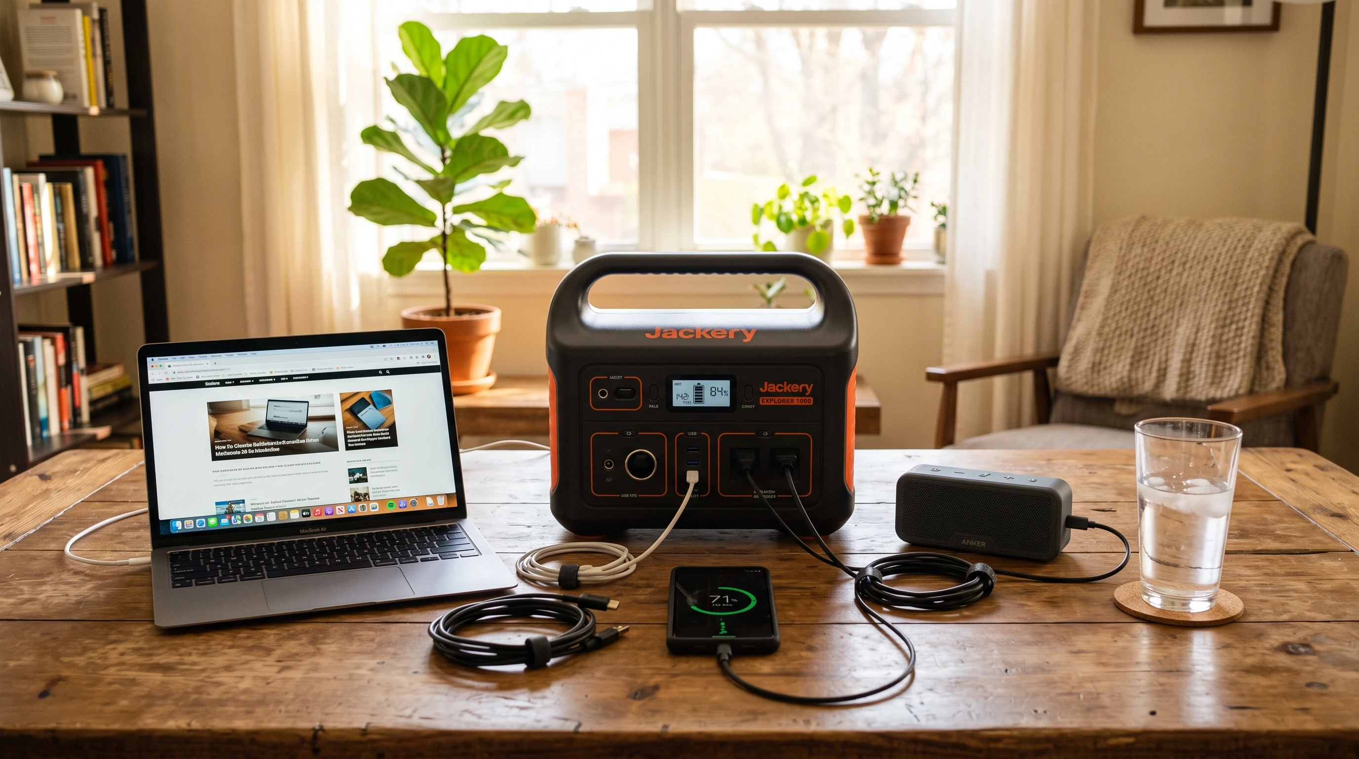 A battery-powered portable power station sitting safely on a table inside a home, powering several small electronics. Sunlight streams nearby, but not directly on the device. Nearby are neatly organized cables and a glass of water placed at a distance.