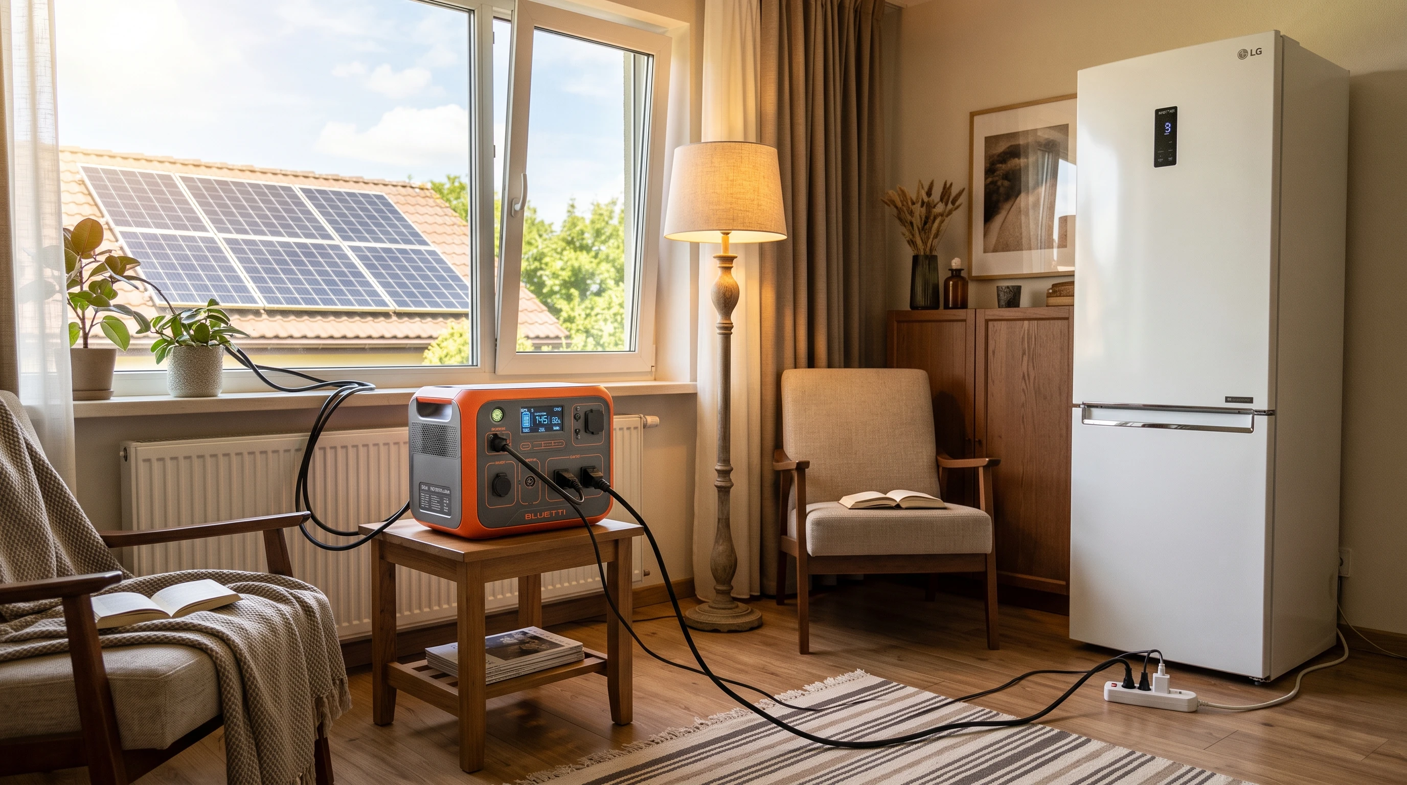 Solar generator powering basic appliances inside a modern home during a blackout. Sunlight shines through a window, solar panels visible outside.